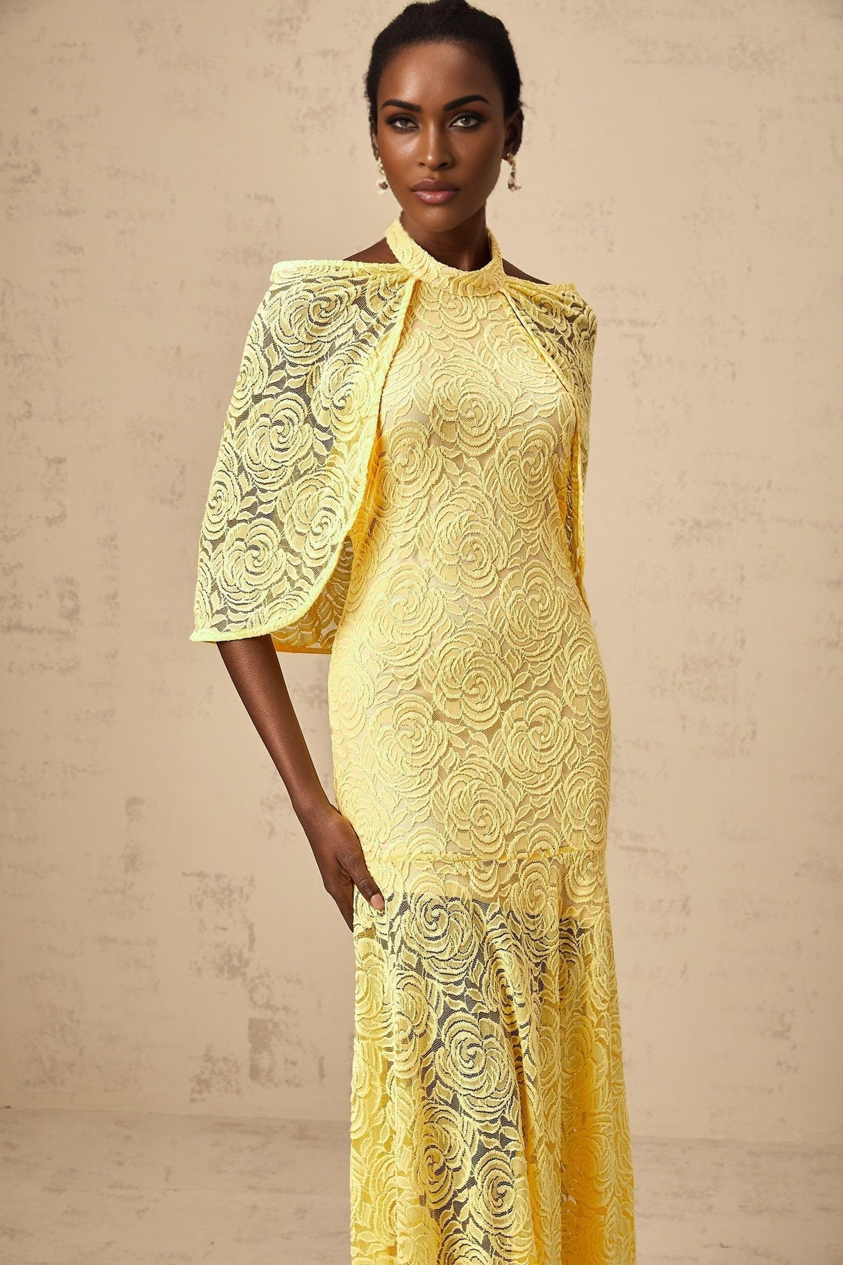 Vittoria Maxi Dress in Radiant Yellow with Halterneck SemiSheer Construction & Chantilly Lace Detail