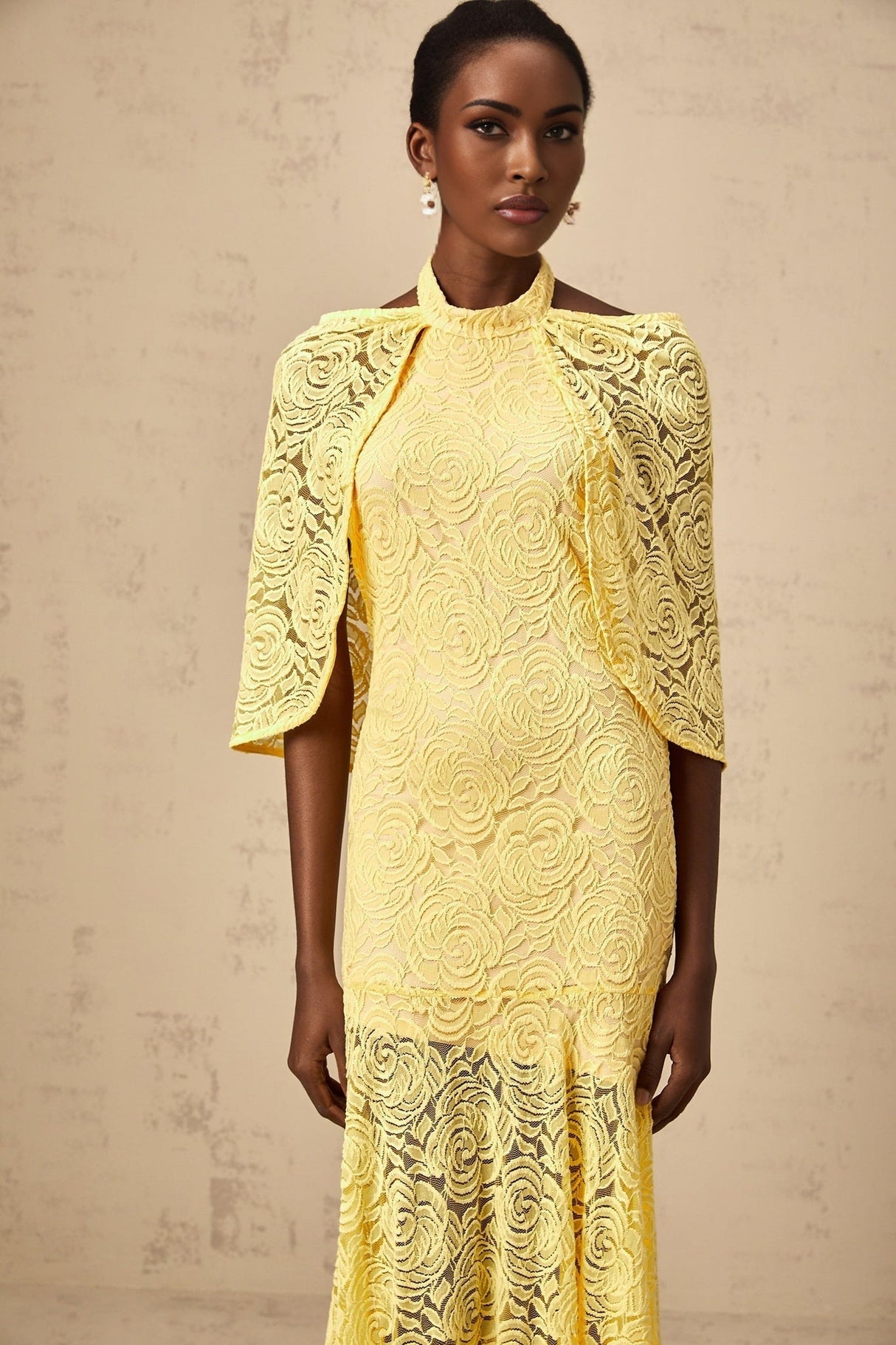 Vittoria Maxi Dress in Radiant Yellow with Halterneck SemiSheer Construction & Chantilly Lace Detail