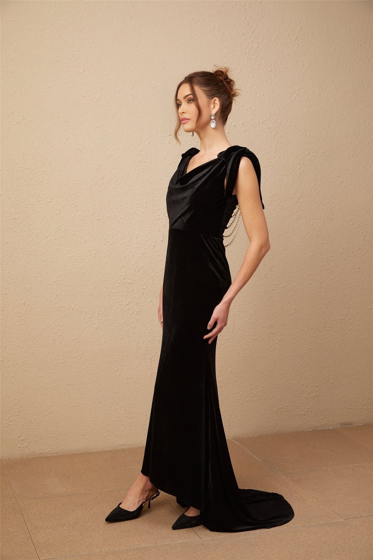 Vittoria Maxi Dress Sleek Black Velvet Cowl Neck Open Back Bow