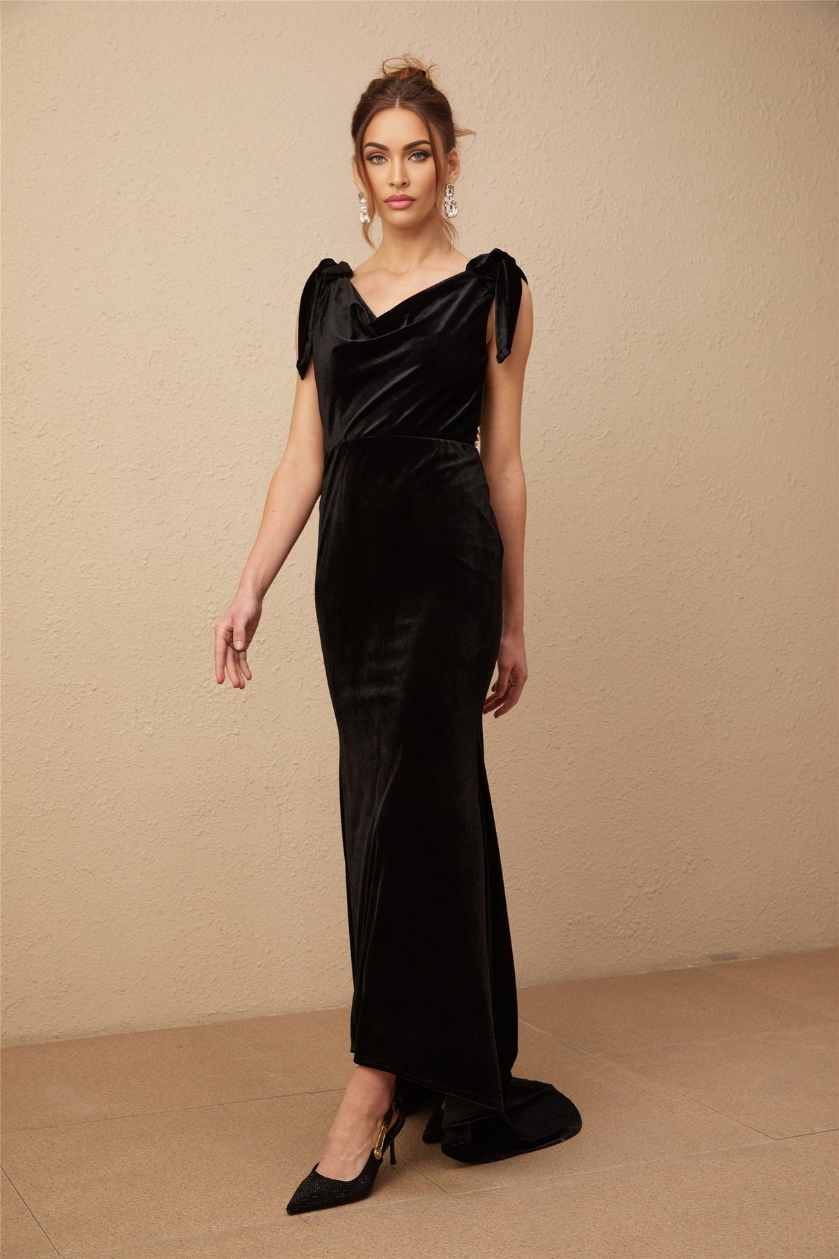 Vittoria Maxi Dress Sleek Black Velvet Cowl Neck Open Back Bow
