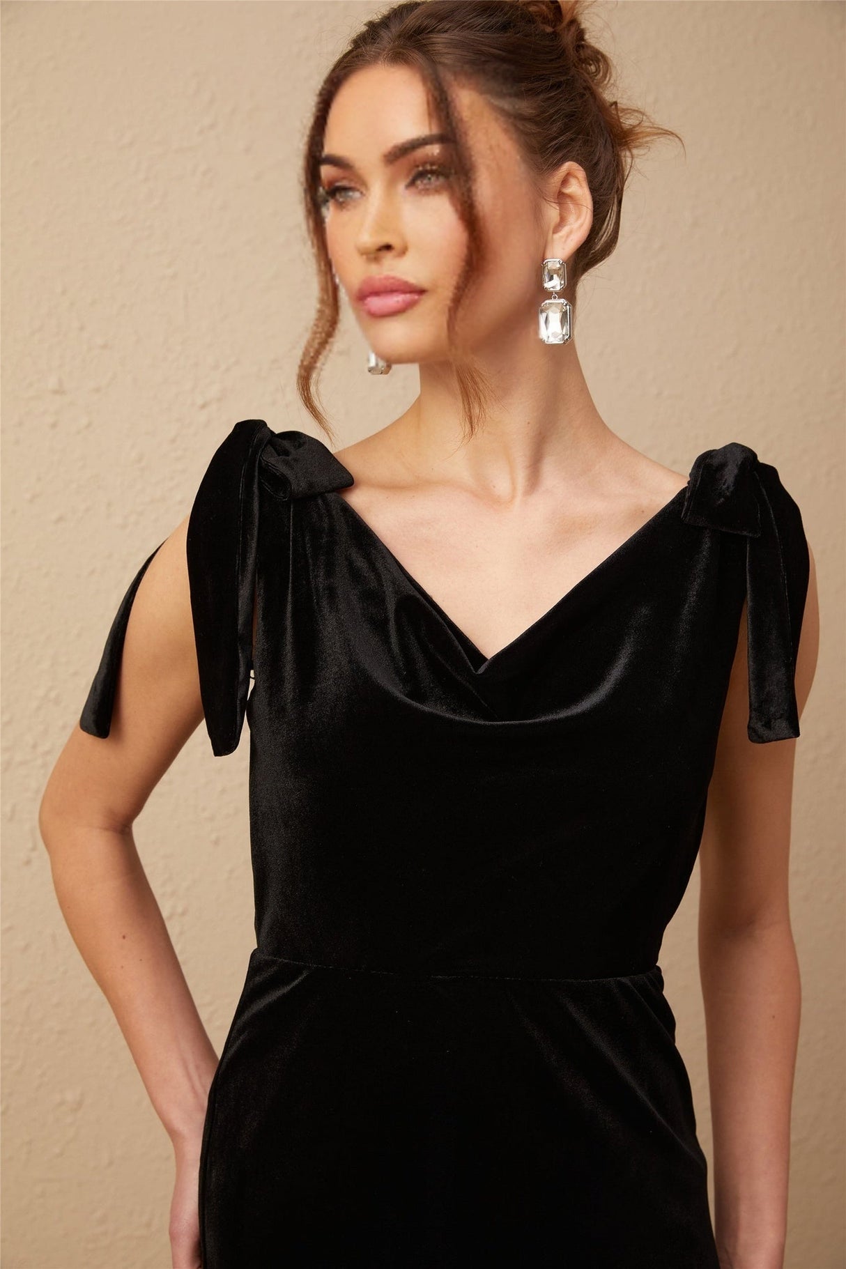 Vittoria Maxi Dress Sleek Black Velvet Cowl Neck Open Back Bow