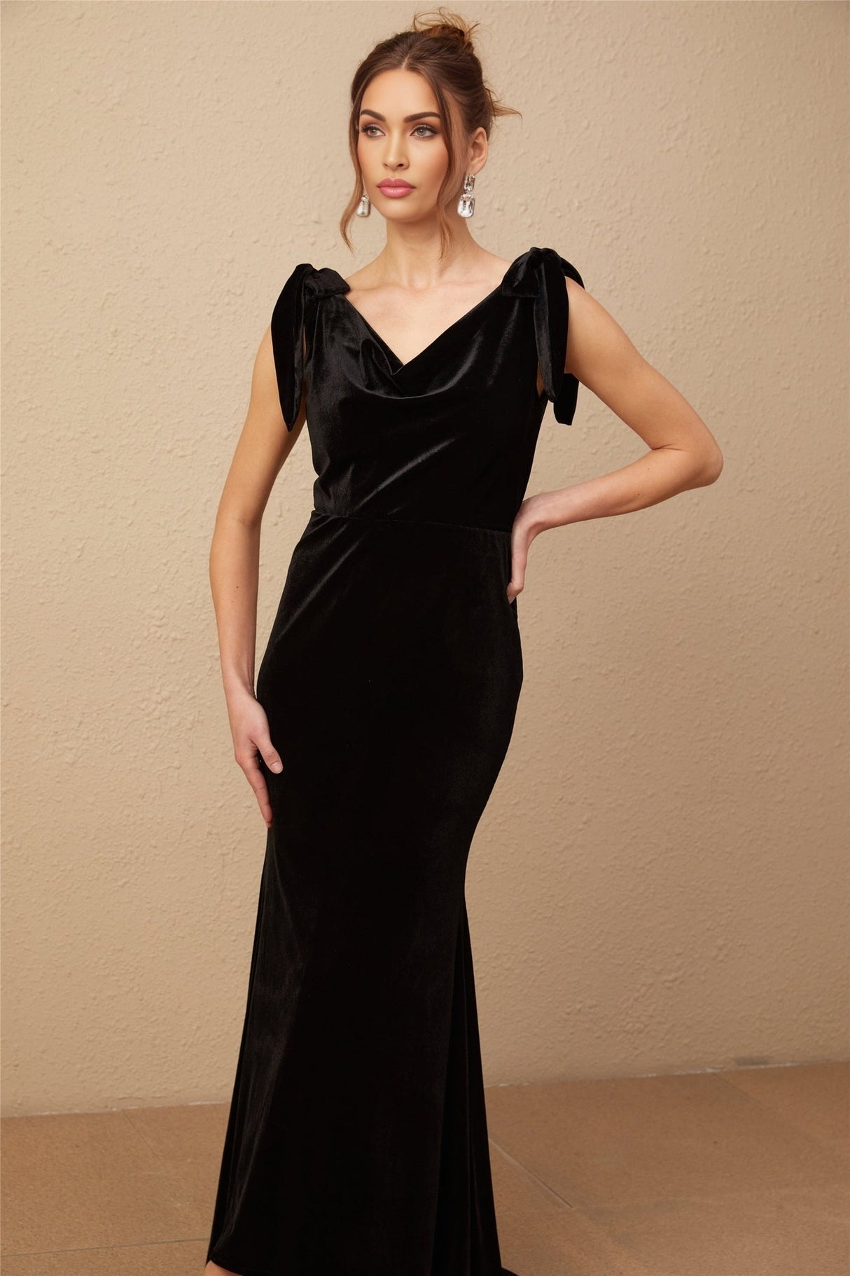Vittoria Maxi Dress Sleek Black Velvet Cowl Neck Open Back Bow