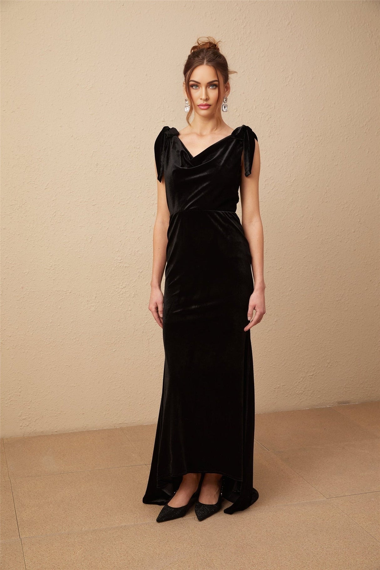 Vittoria Maxi Dress Sleek Black Velvet Cowl Neck Open Back Bow