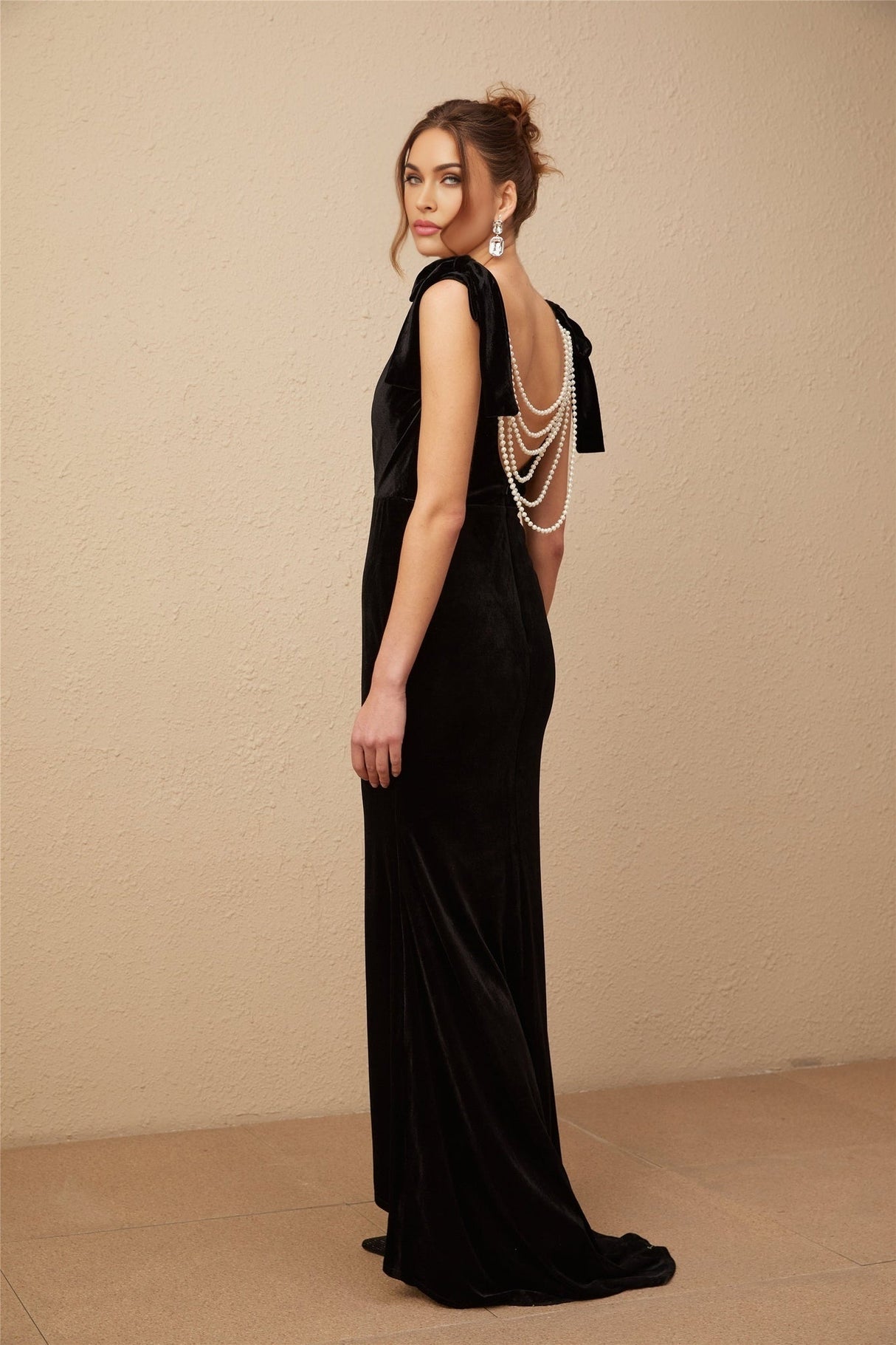 Vittoria Maxi Dress Sleek Black Velvet Cowl Neck Open Back Bow