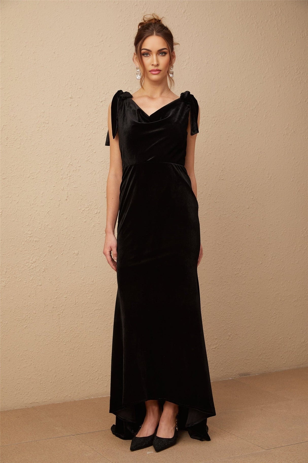Vittoria Maxi Dress Sleek Black Velvet Cowl Neck Open Back Bow