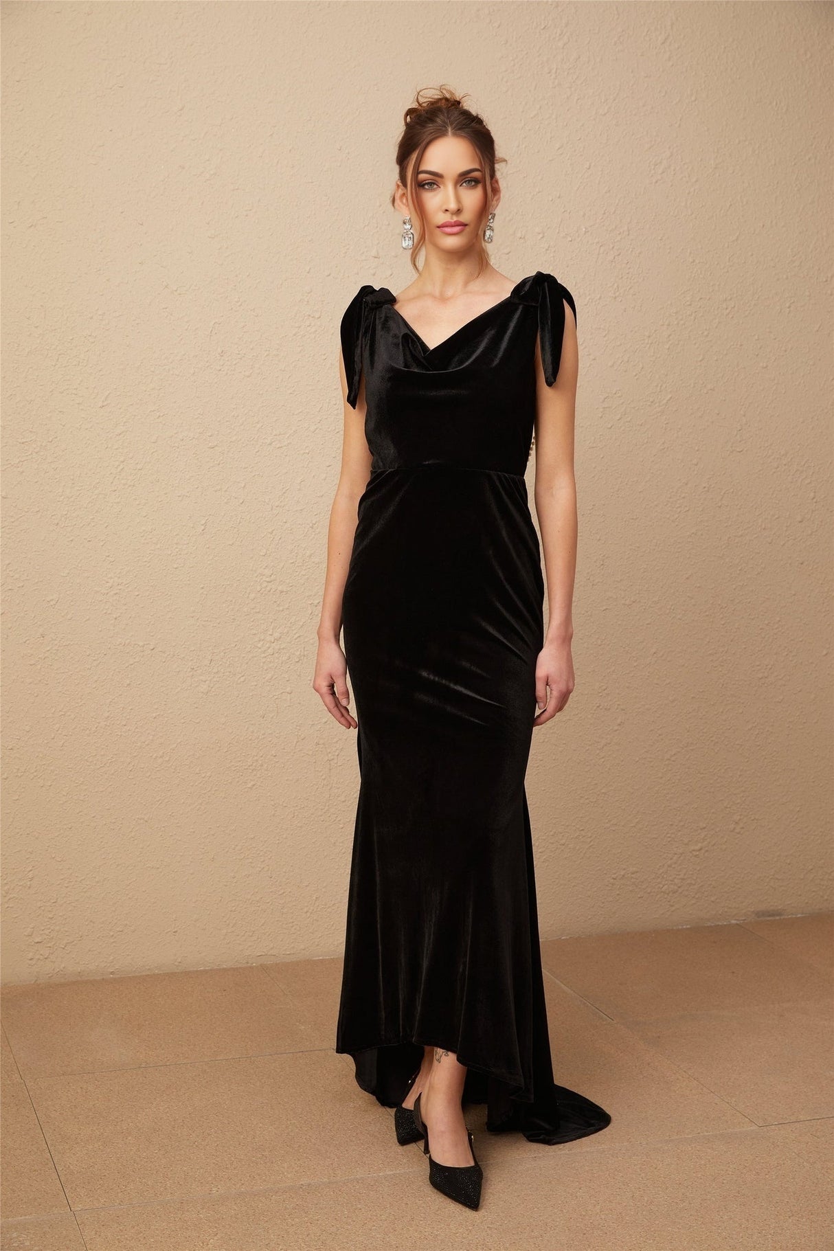 Vittoria Maxi Dress Sleek Black Velvet Cowl Neck Open Back Bow