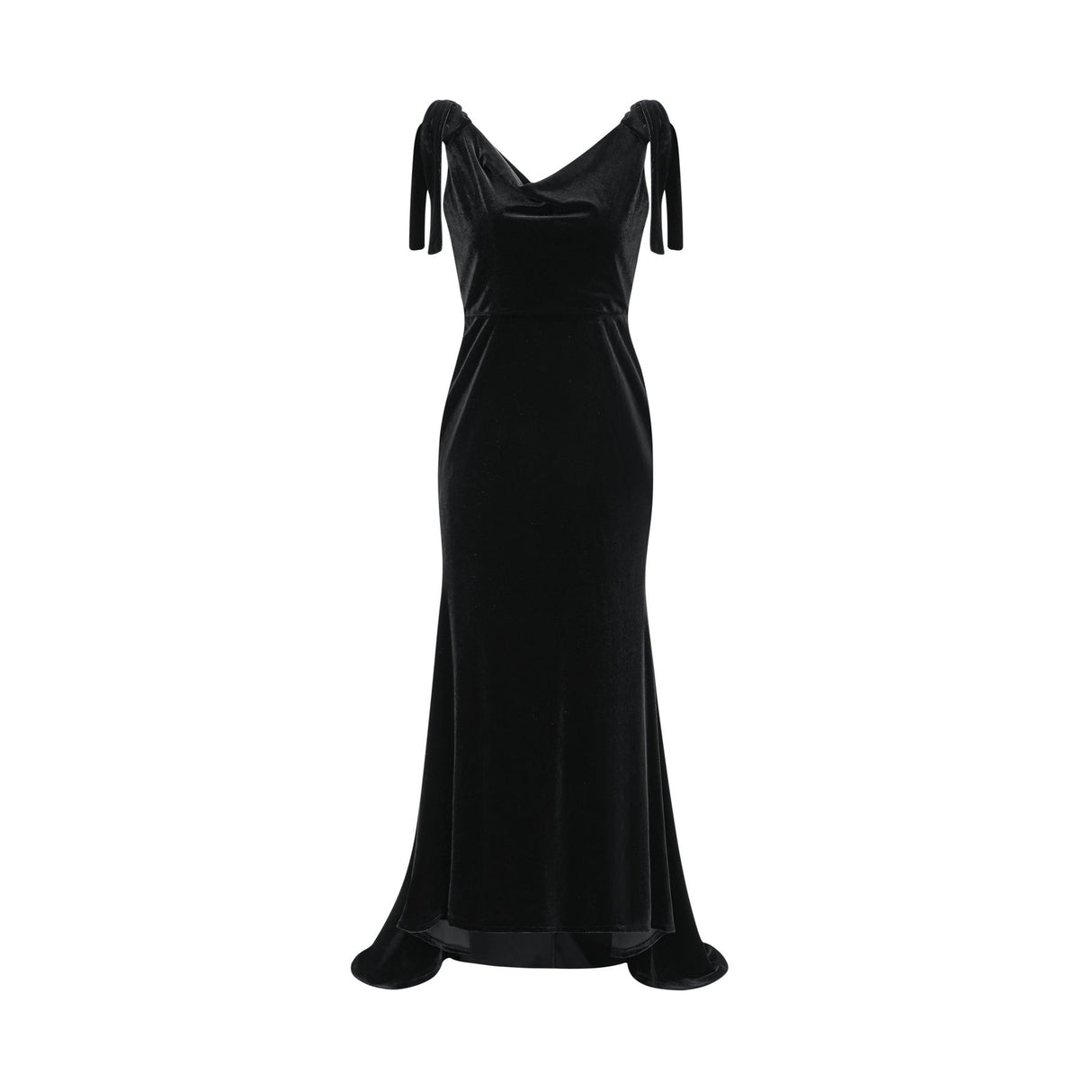 Vittoria Maxi Dress Sleek Black Velvet Cowl Neck Open Back Bow