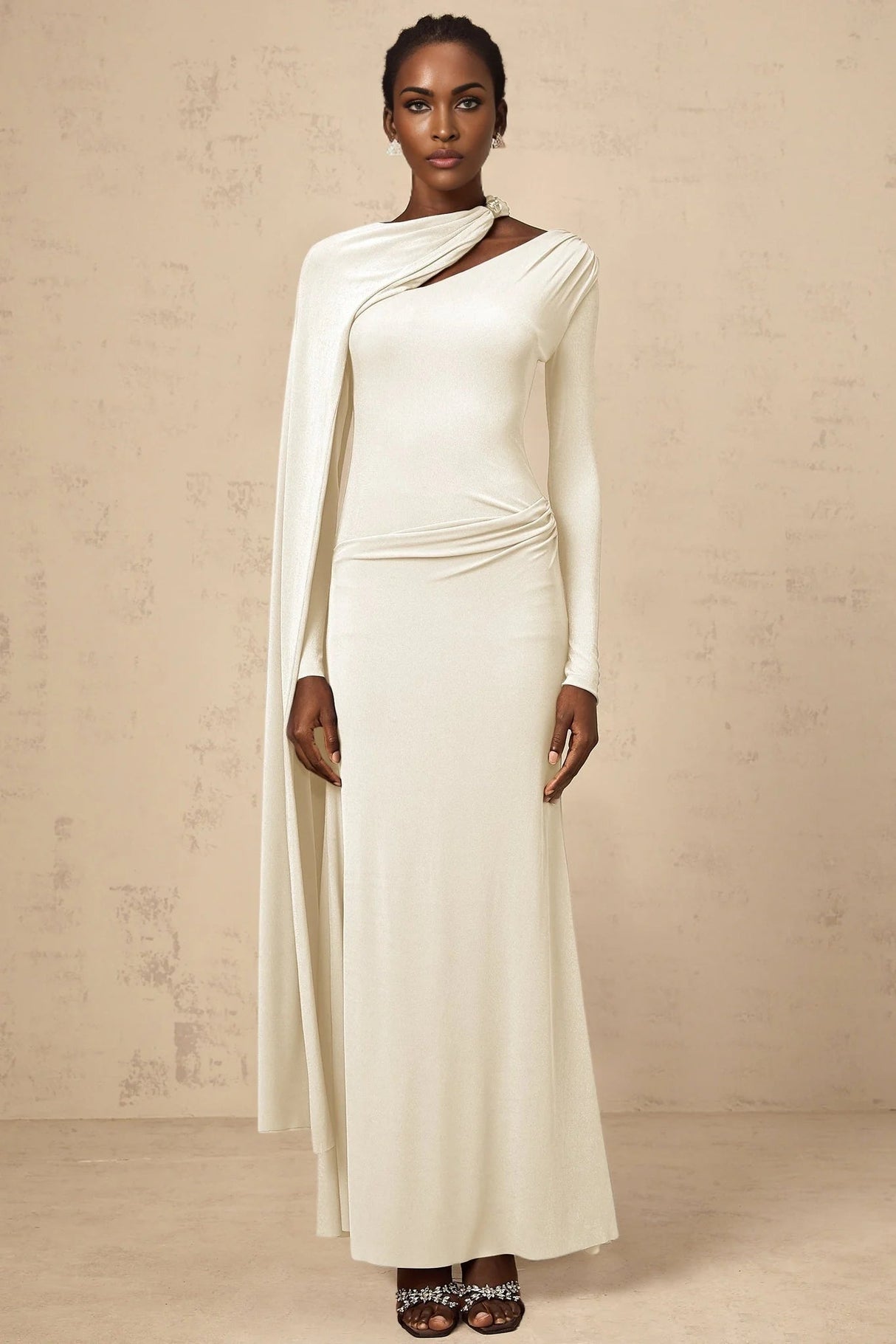Vittoria Maxi Dress White Diagonal Shawl Fitted