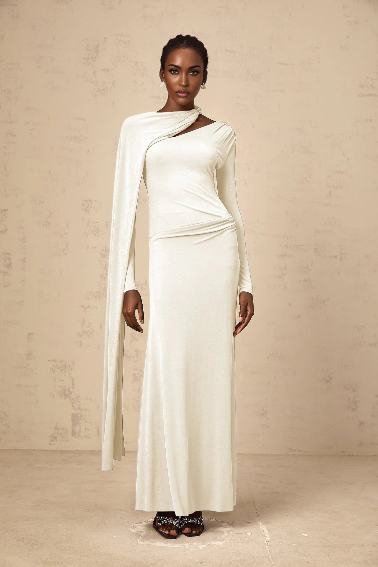 Vittoria Maxi Dress White Diagonal Shawl Fitted