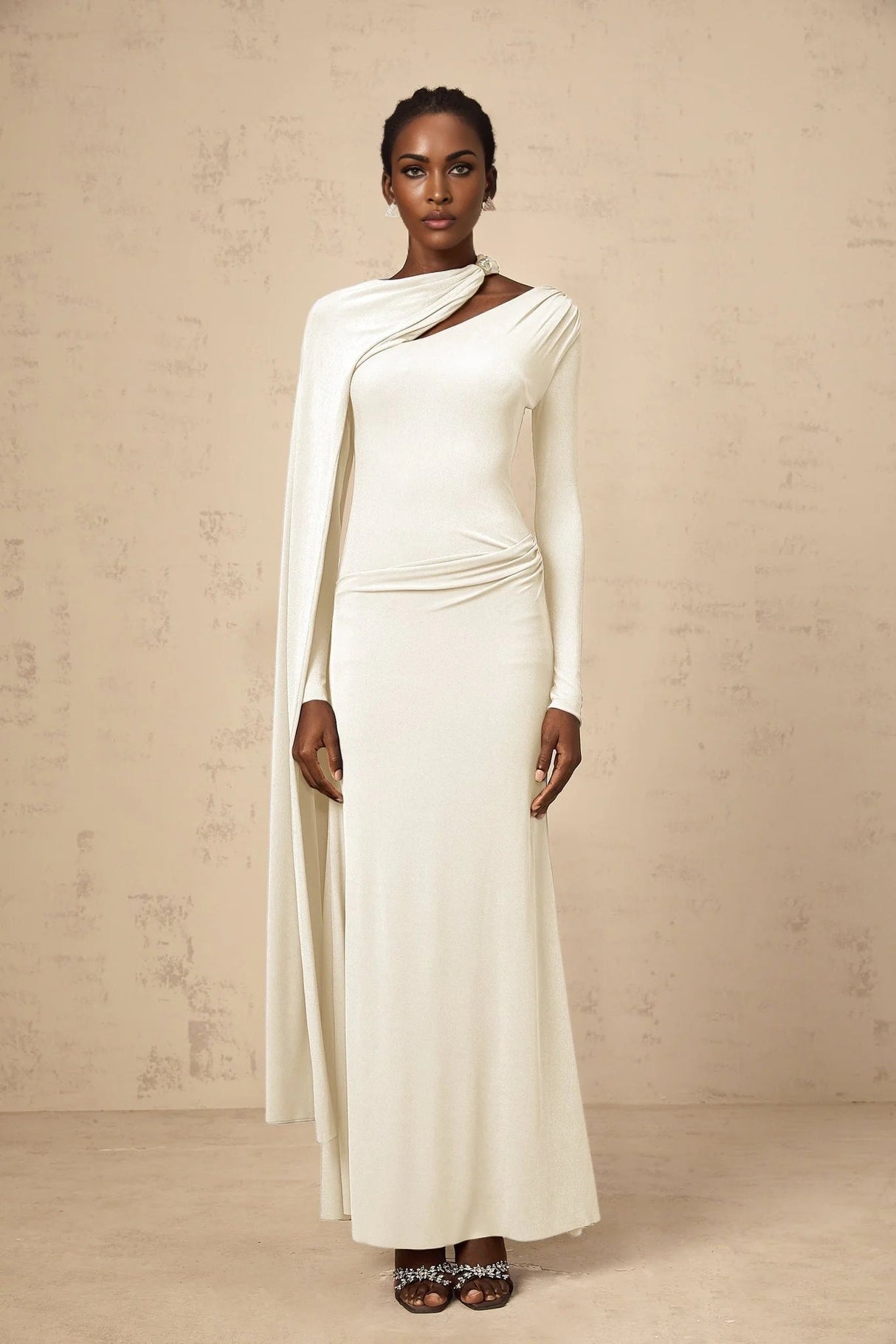 Vittoria Maxi Dress White Diagonal Shawl Fitted