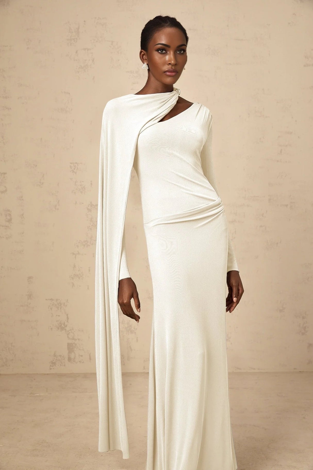 Vittoria Maxi Dress White Diagonal Shawl Fitted