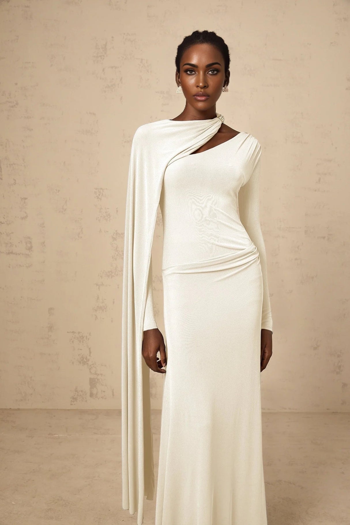 Vittoria Maxi Dress White Diagonal Shawl Fitted