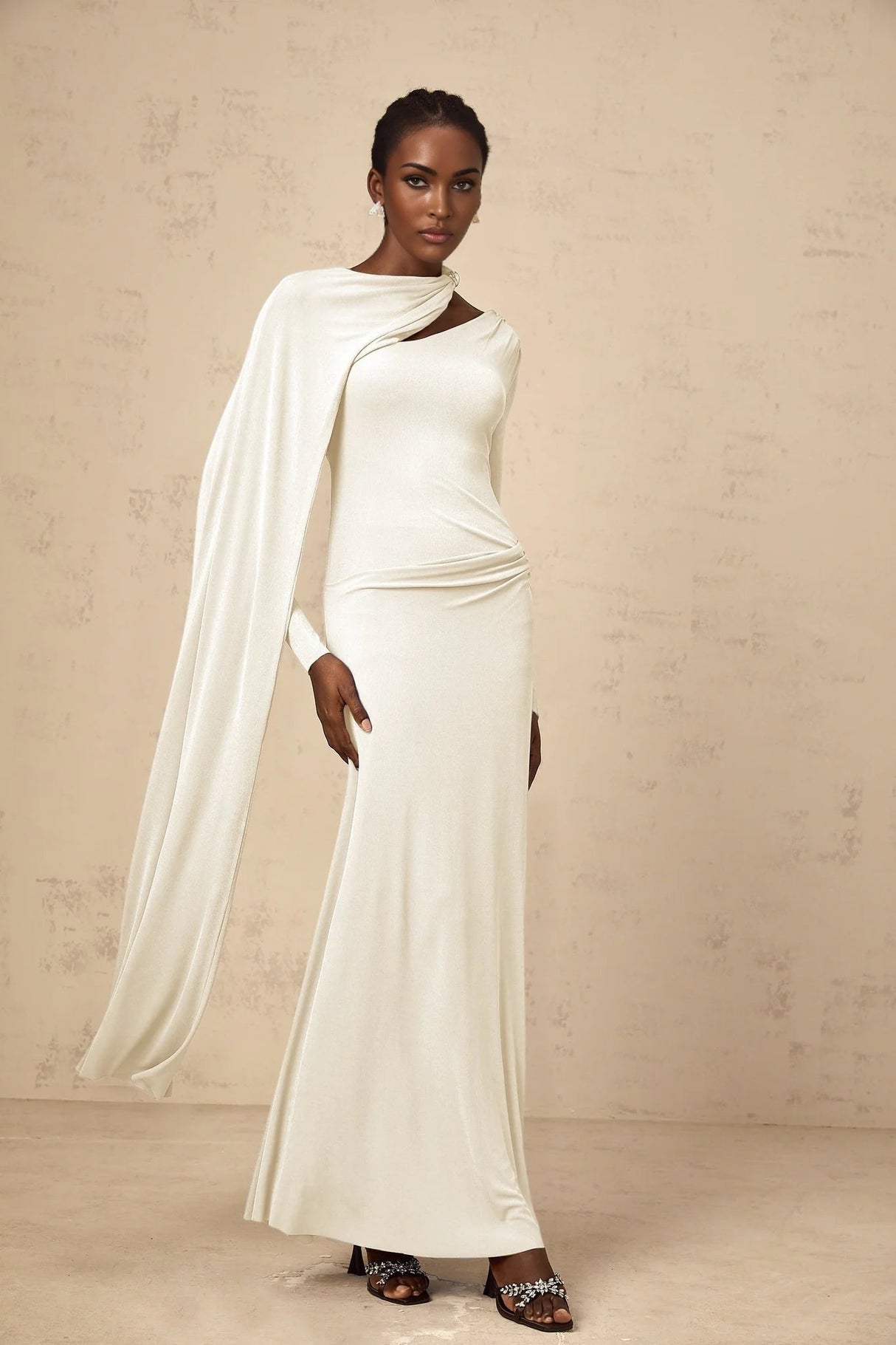 Vittoria Maxi Dress White Diagonal Shawl Fitted