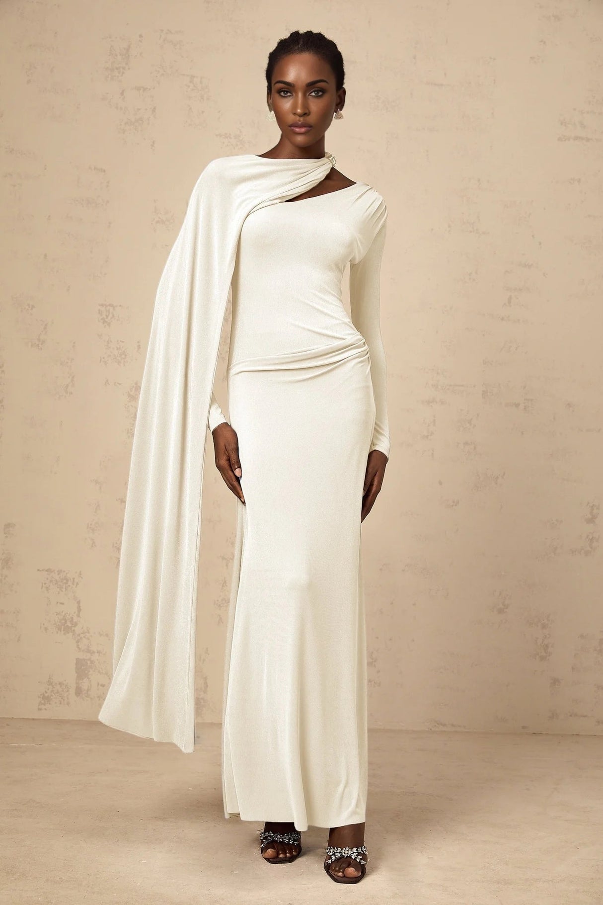Vittoria Maxi Dress White Diagonal Shawl Fitted