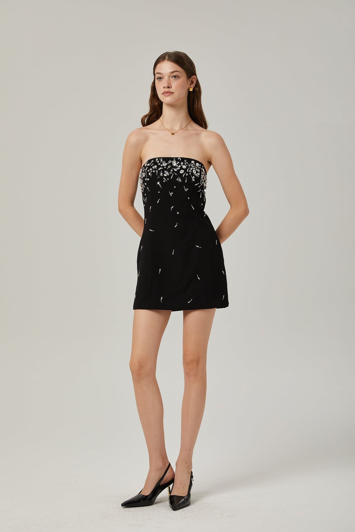 Vittoria Mini Dress Crystal Embellished Black Strapless & Flared