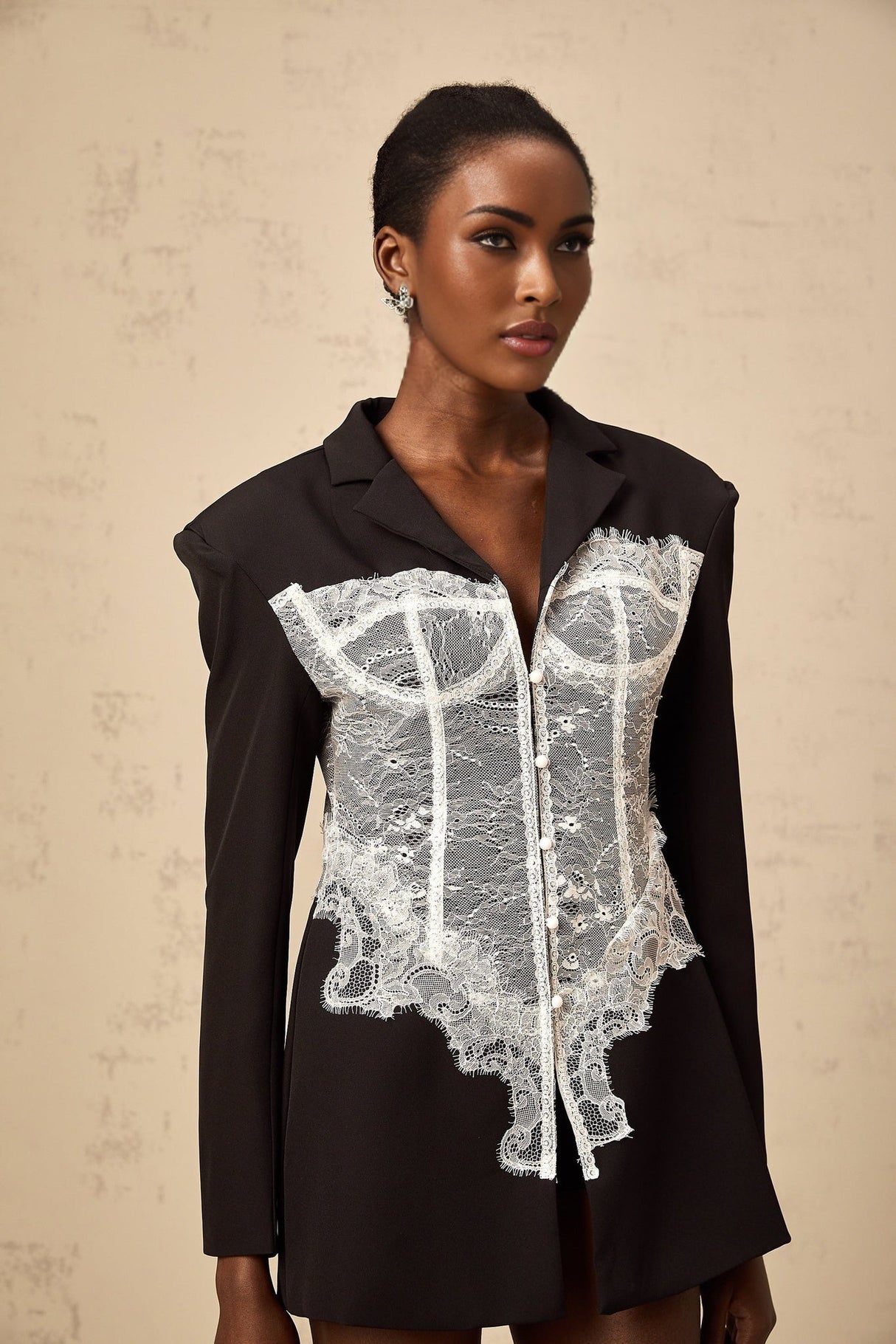 Vivian Blazer Black & White Lace Panel Tailored Fit
