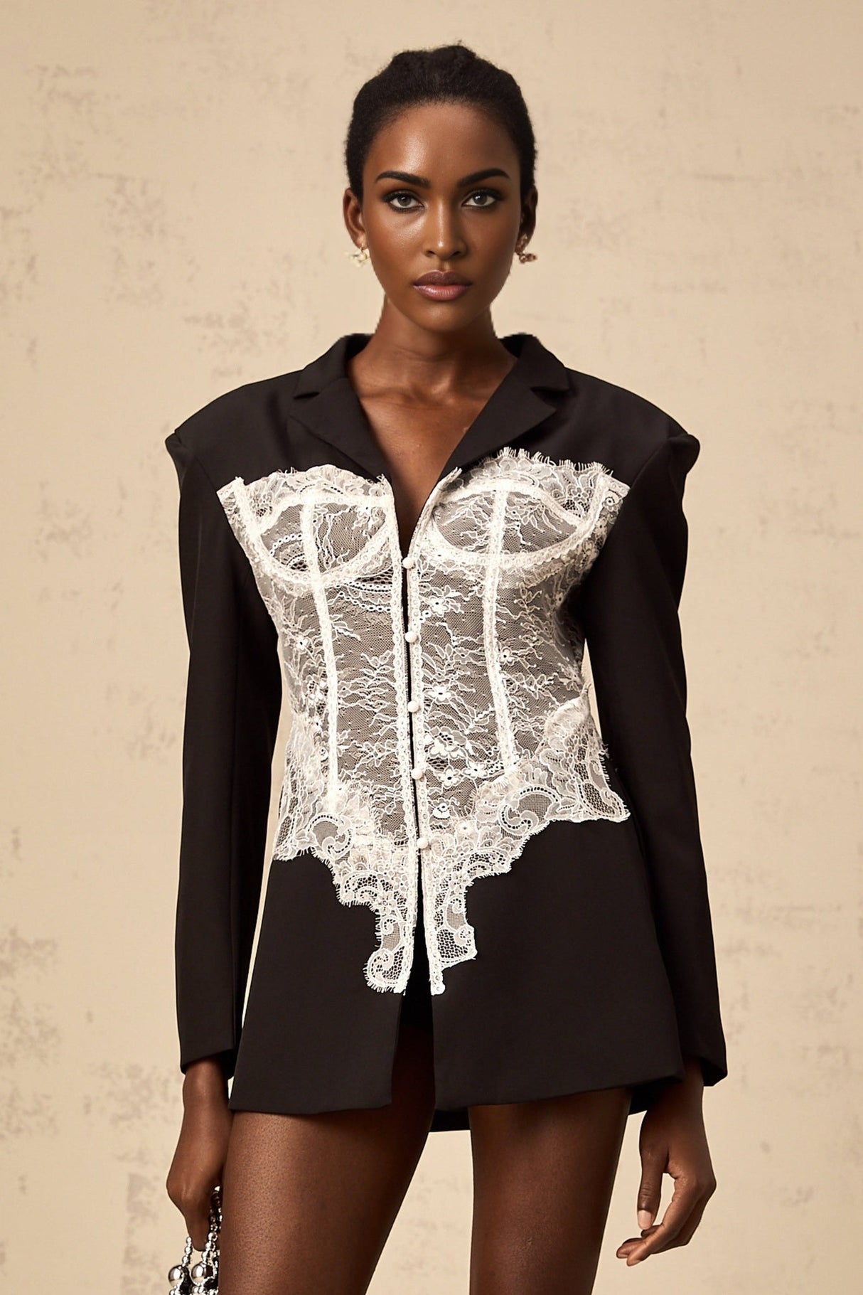 Vivian Blazer Black & White Lace Panel Tailored Fit