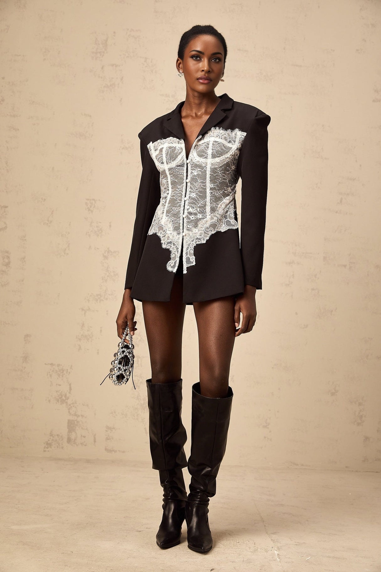 Vivian Blazer Black & White Lace Panel Tailored Fit