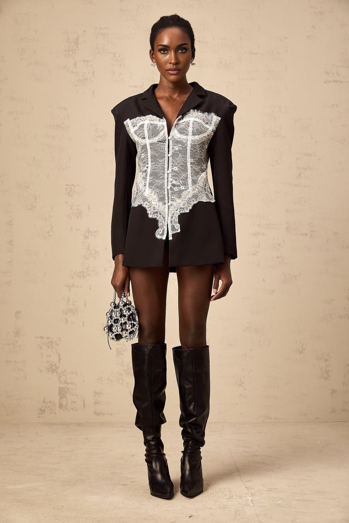 Vivian Blazer Black & White Lace Panel Tailored Fit