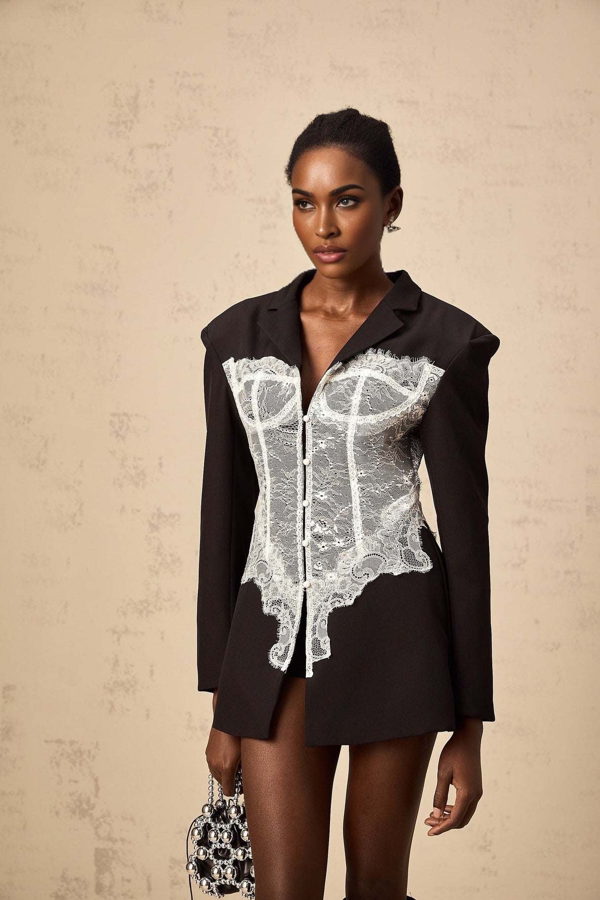 Vivian Blazer Black & White Lace Panel Tailored Fit