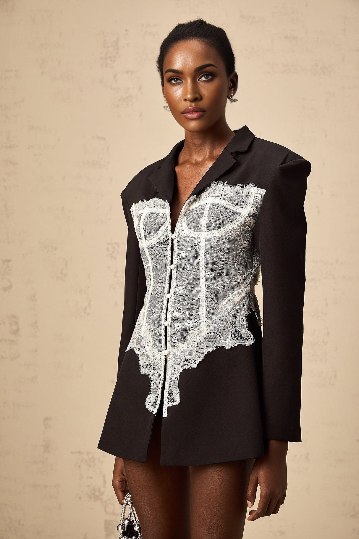 Vivian Blazer Black & White Lace Panel Tailored Fit