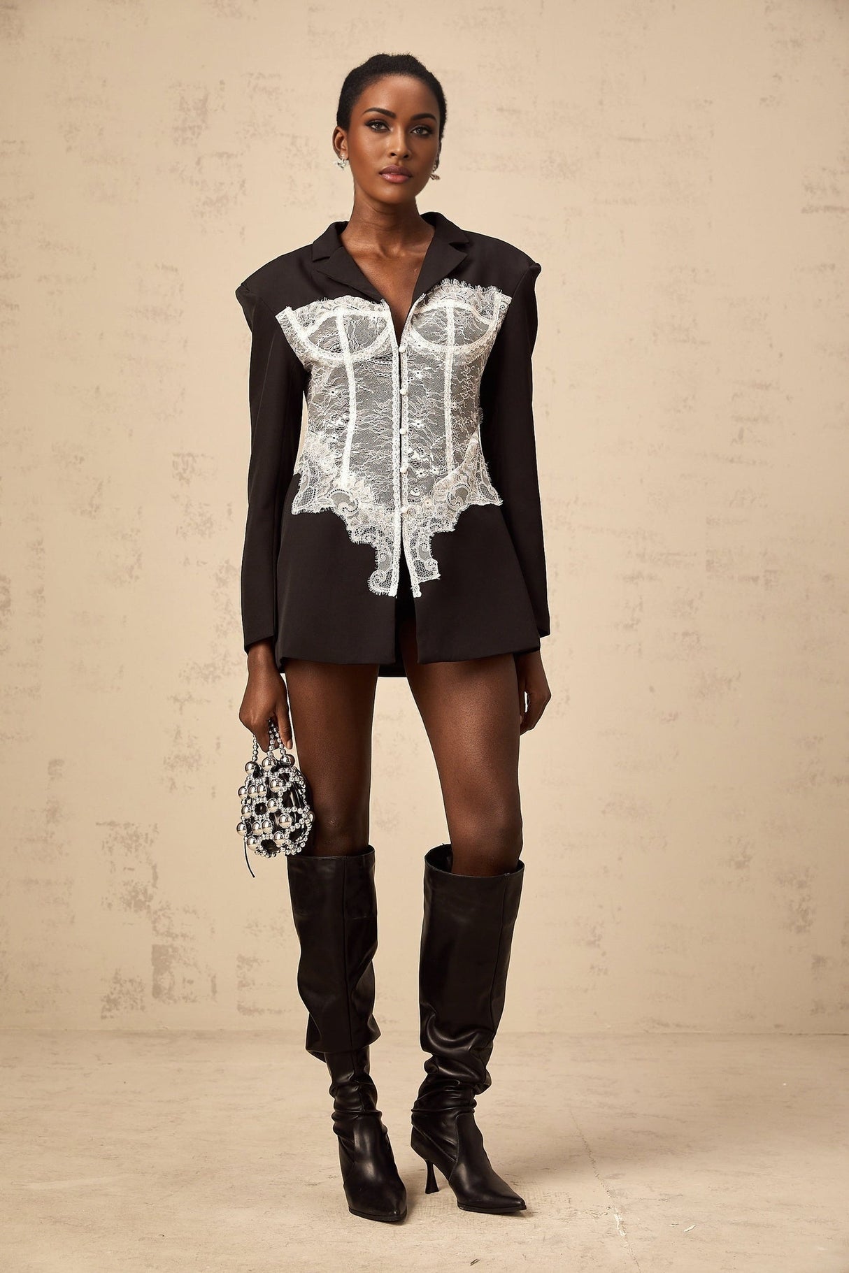 Vivian Blazer Black & White Lace Panel Tailored Fit