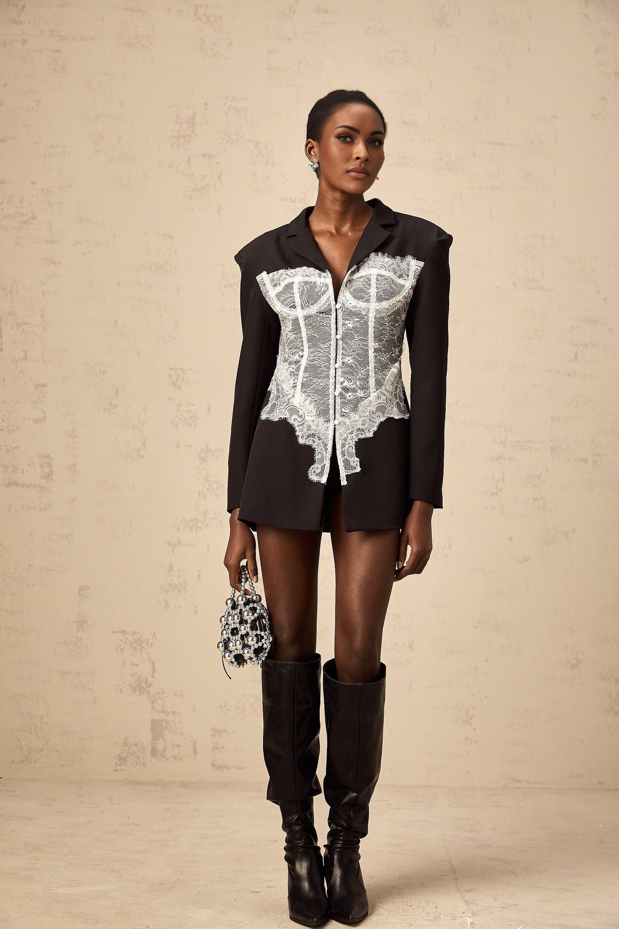 Vivian Blazer Black & White Lace Panel Tailored Fit