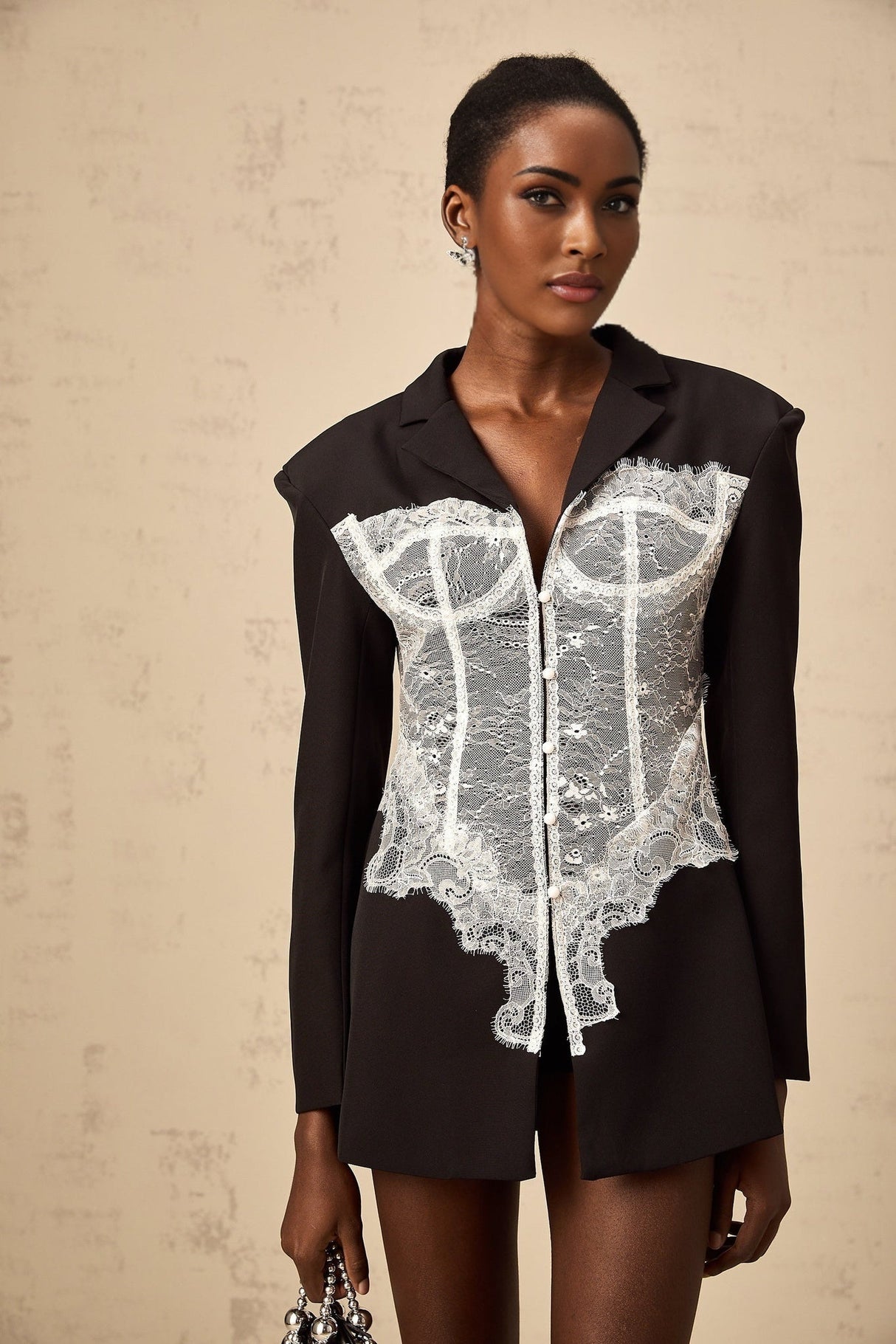Vivian Blazer Black & White Lace Panel Tailored Fit