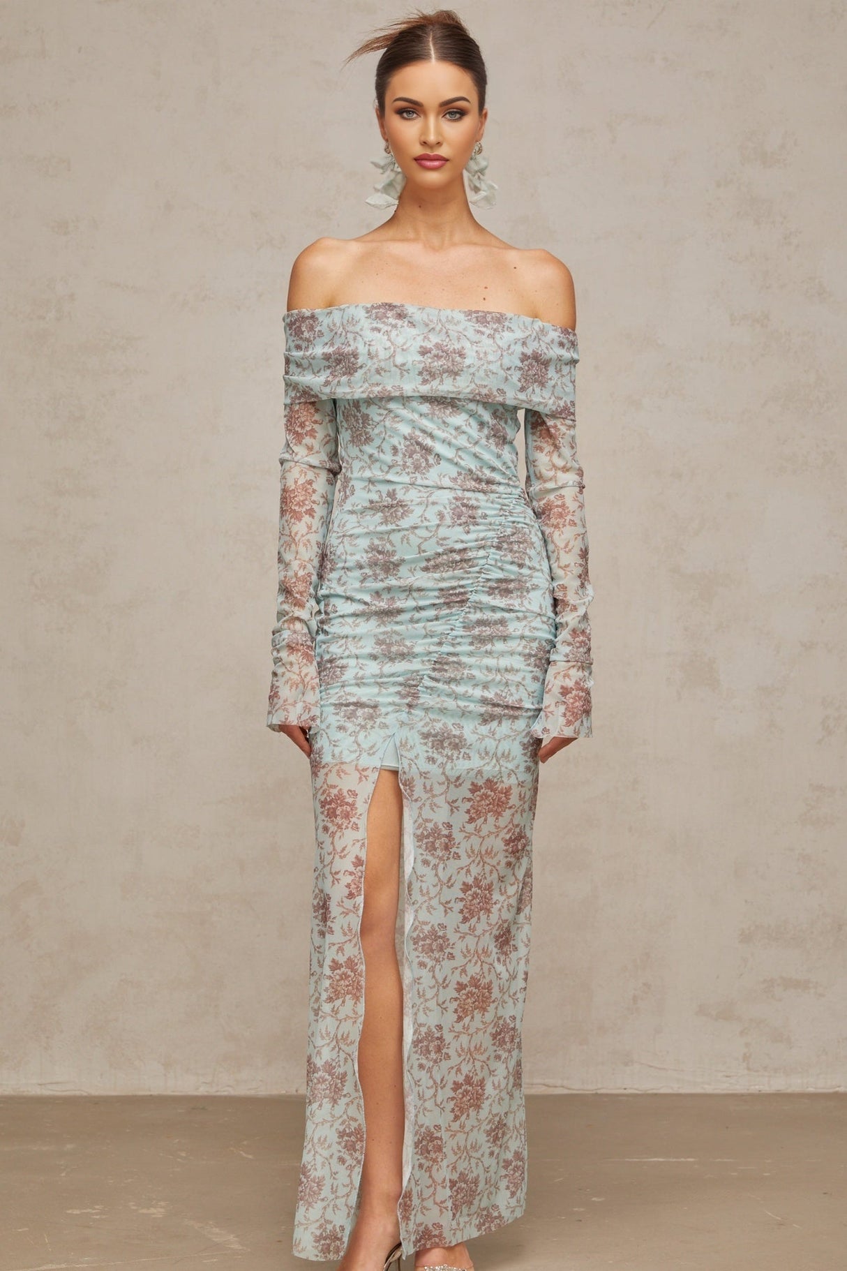 Vivian Floral Maxi Dress in Blue - Off - Shoulder & Ruched Detail