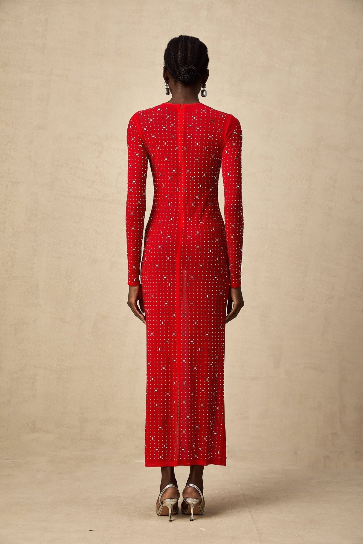 Vivian Maxi Dress in Vibrant Red with Rhinestone Embellishments & Long Flared Sleeves