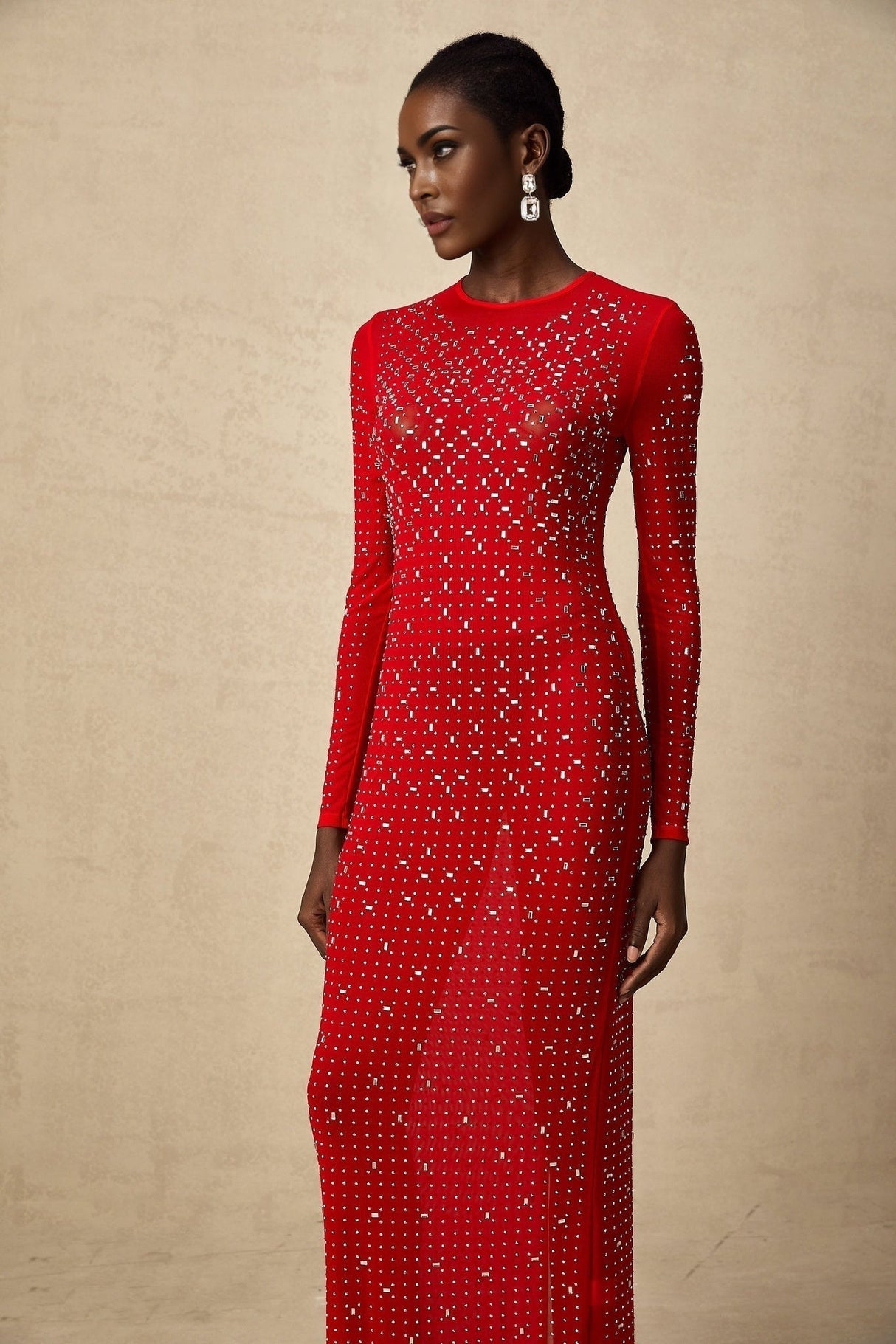 Vivian Maxi Dress in Vibrant Red with Rhinestone Embellishments & Long Flared Sleeves