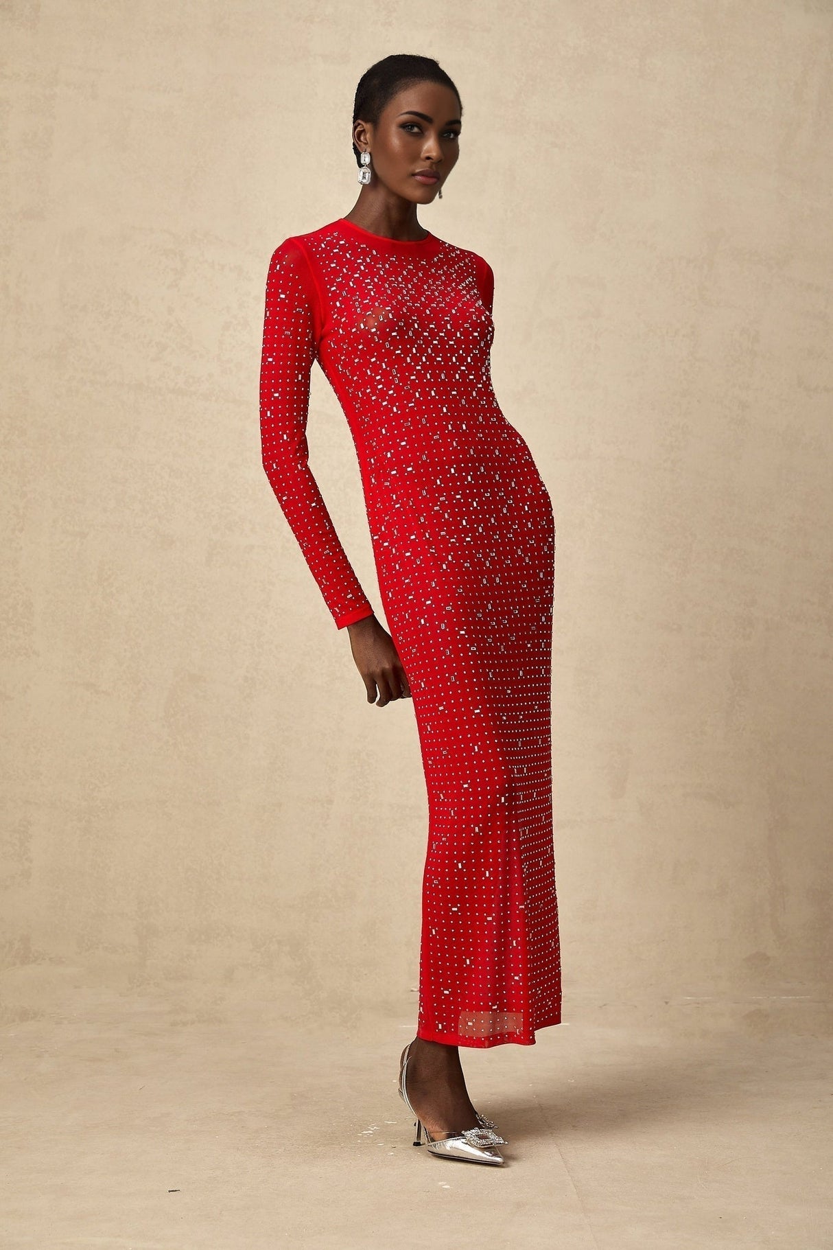 Vivian Maxi Dress in Vibrant Red with Rhinestone Embellishments & Long Flared Sleeves