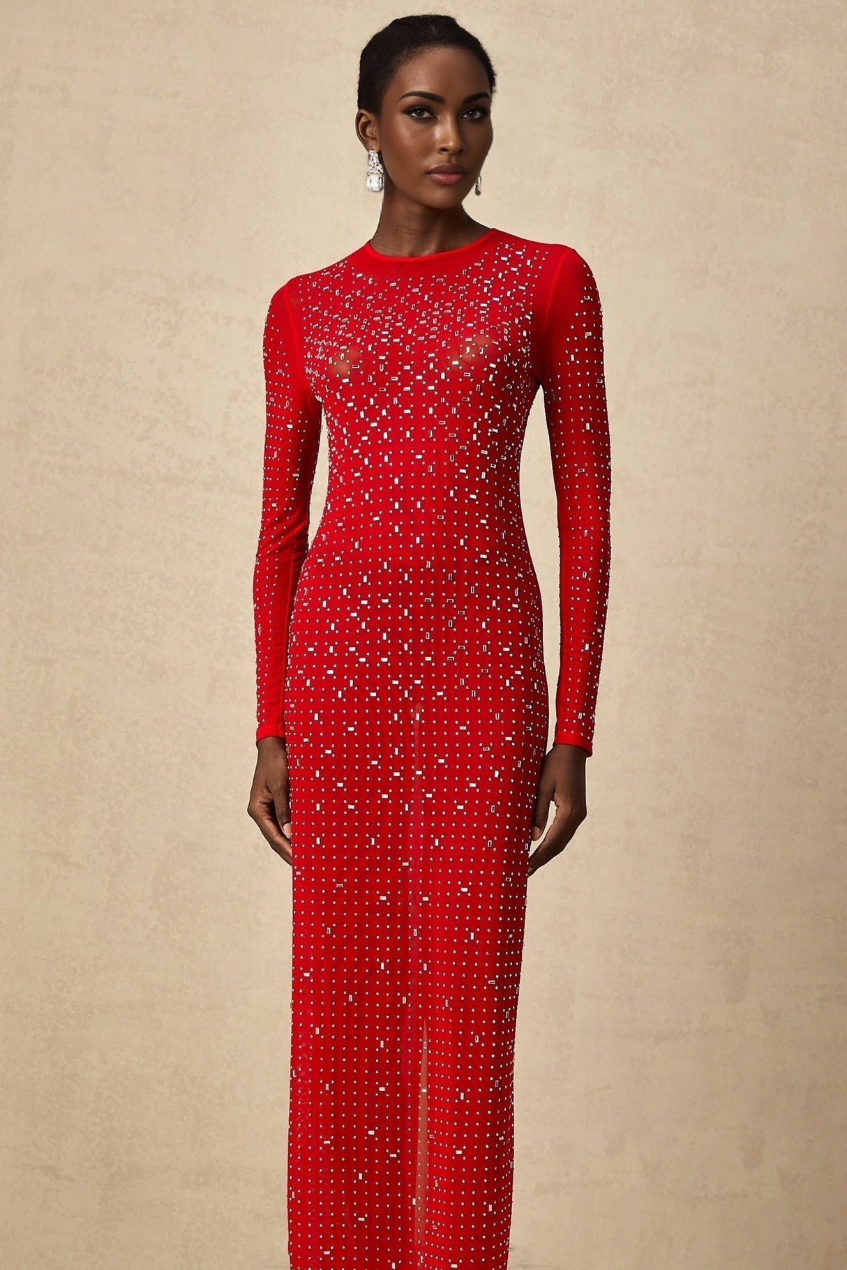 Vivian Maxi Dress in Vibrant Red with Rhinestone Embellishments & Long Flared Sleeves