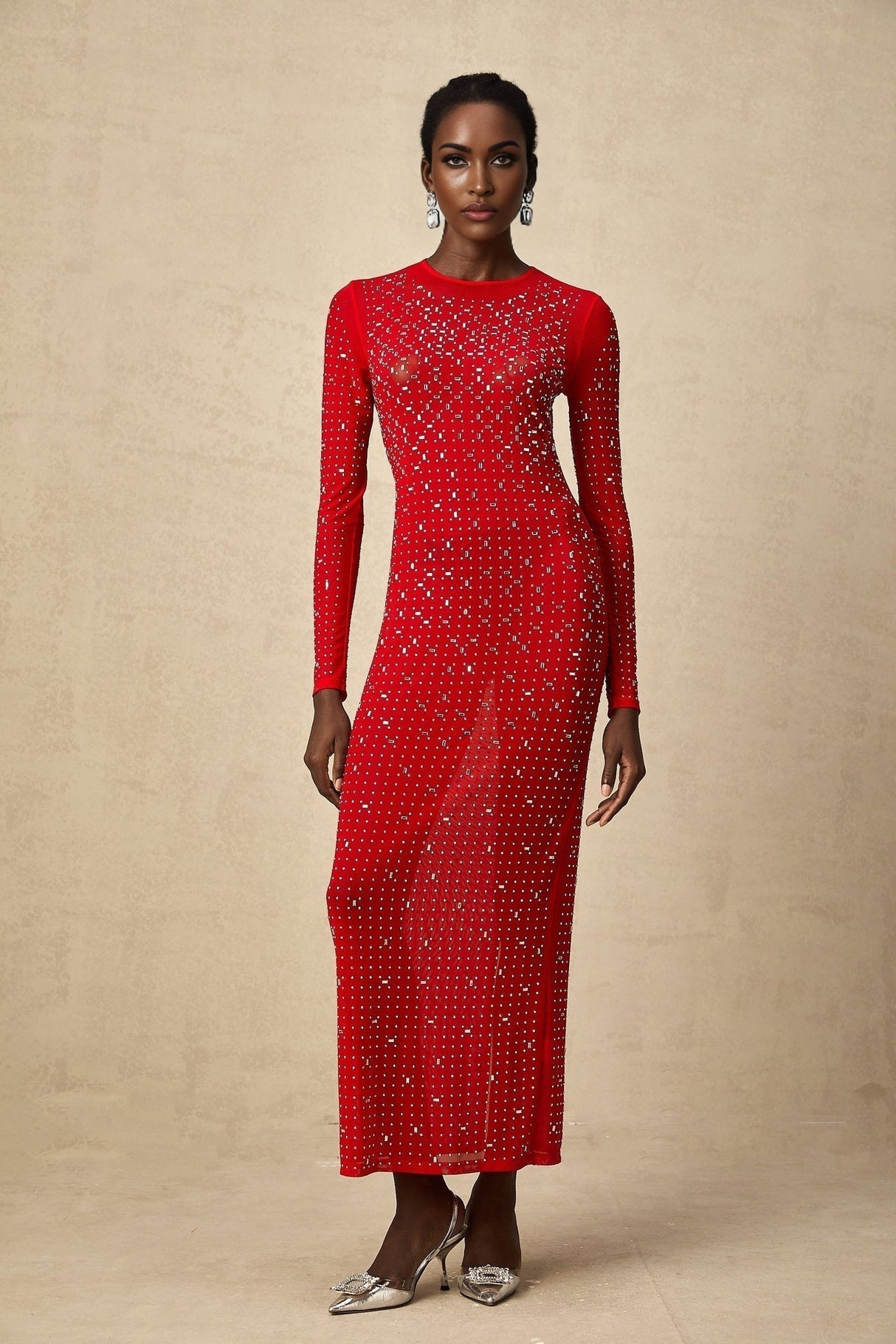 Vivian Maxi Dress in Vibrant Red with Rhinestone Embellishments & Long Flared Sleeves