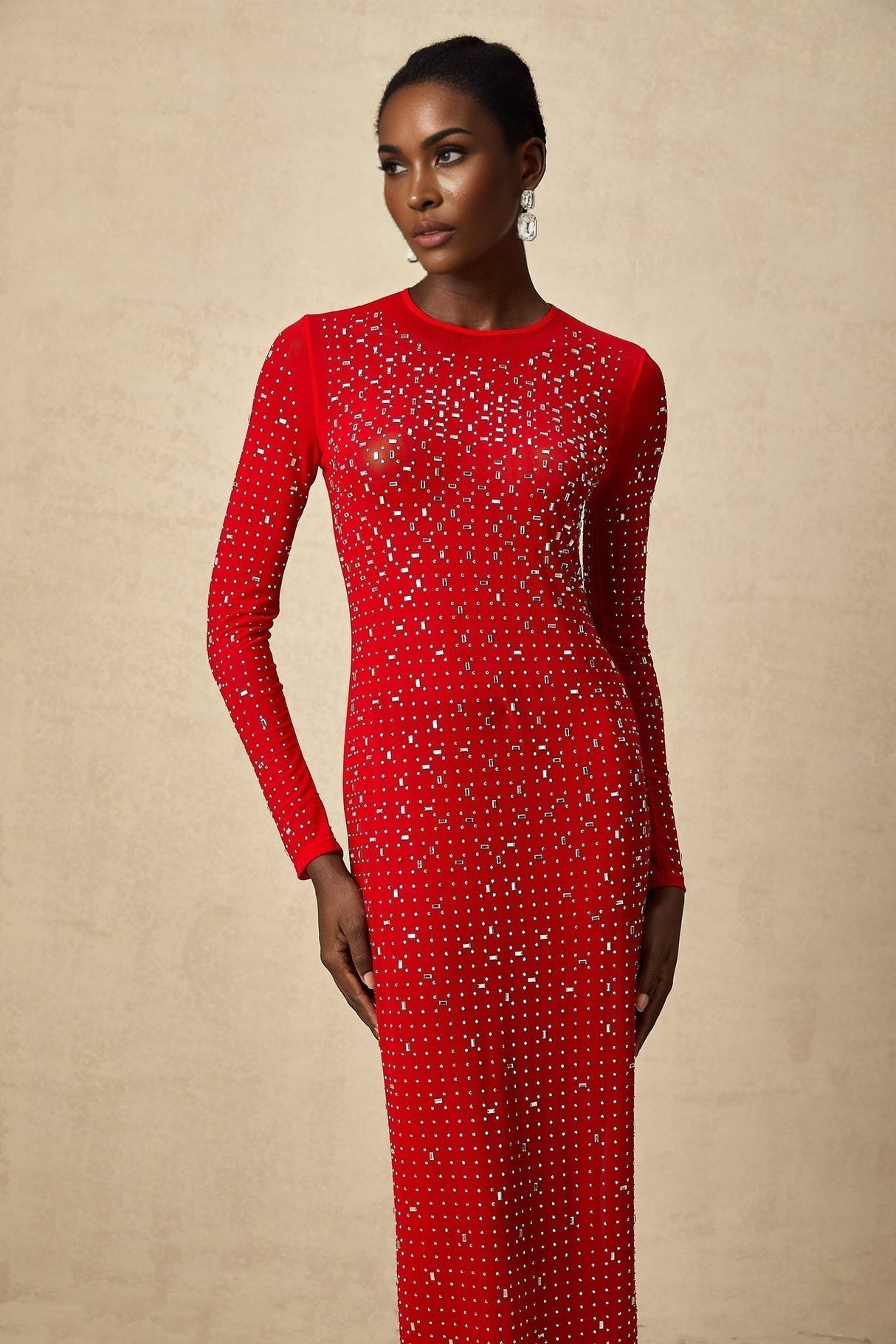 Vivian Maxi Dress in Vibrant Red with Rhinestone Embellishments & Long Flared Sleeves