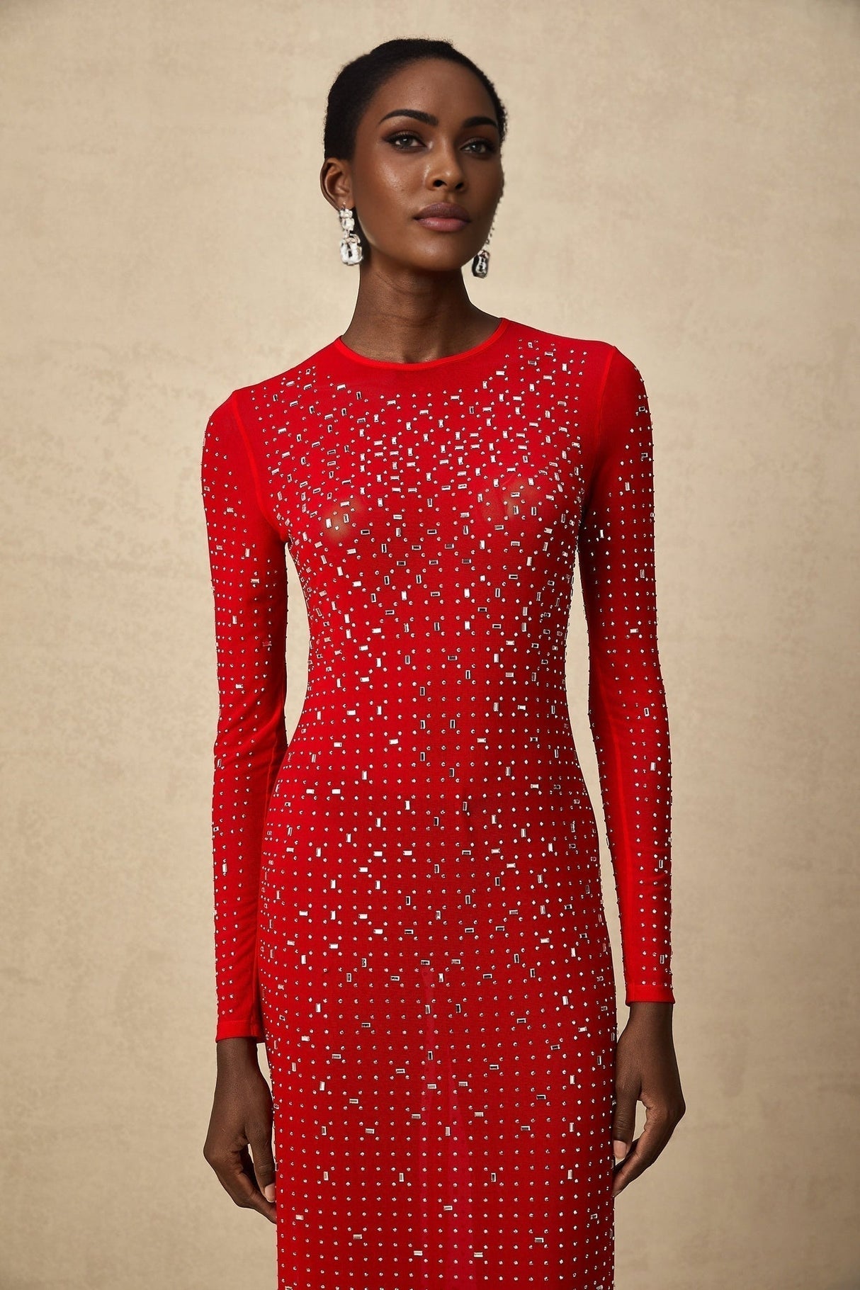 Vivian Maxi Dress in Vibrant Red with Rhinestone Embellishments & Long Flared Sleeves