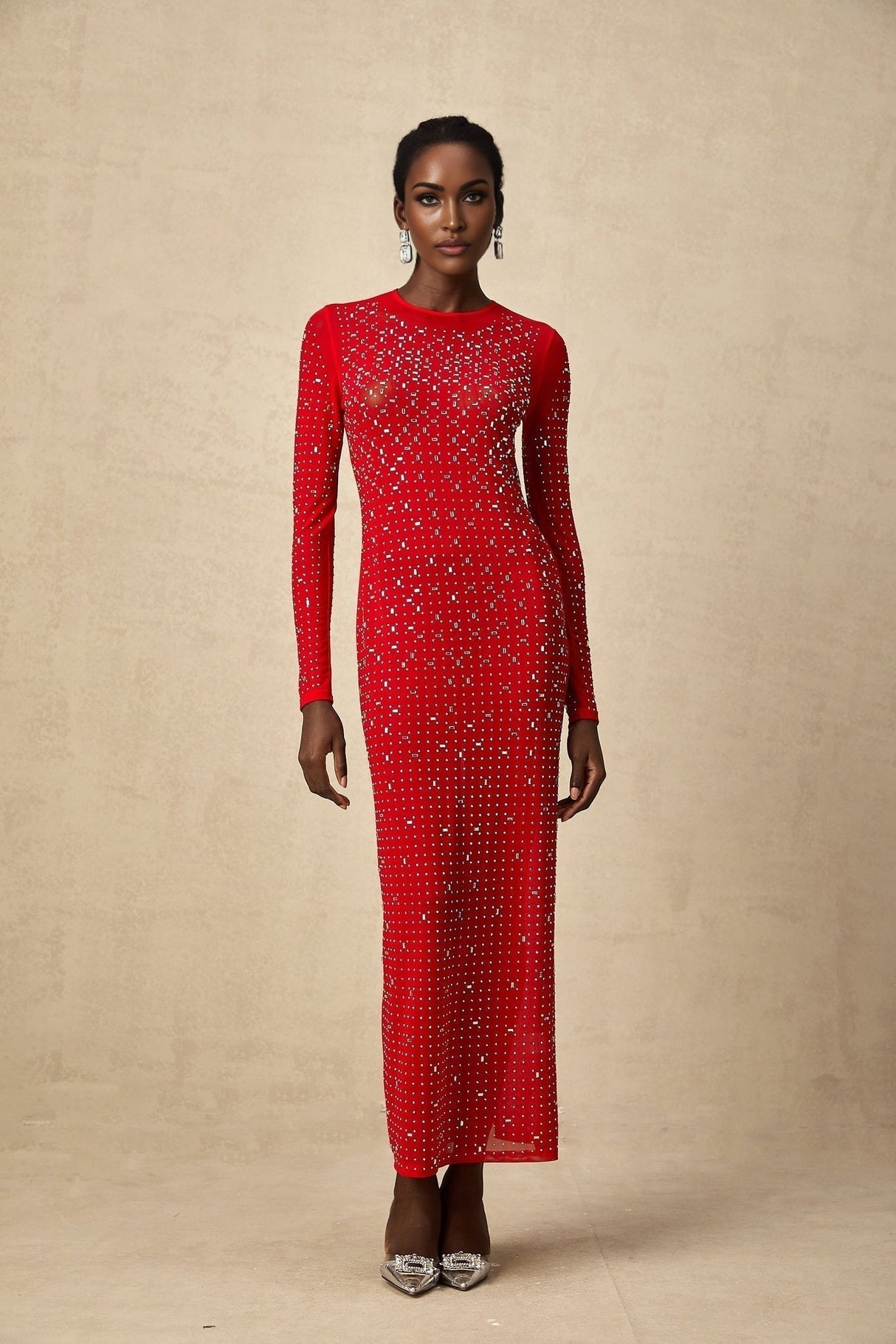 Vivian Maxi Dress in Vibrant Red with Rhinestone Embellishments & Long Flared Sleeves