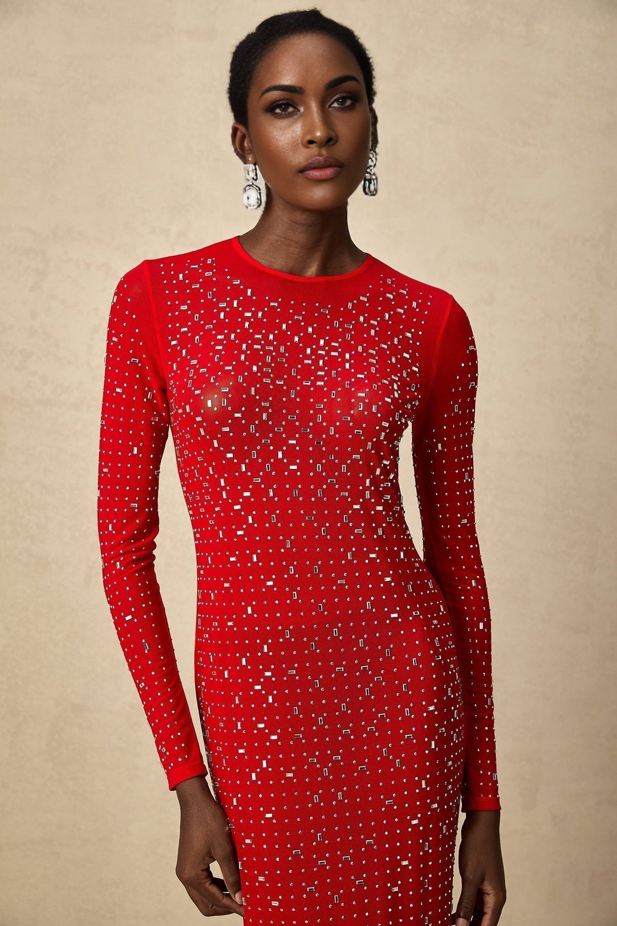 Vivian Maxi Dress in Vibrant Red with Rhinestone Embellishments & Long Flared Sleeves