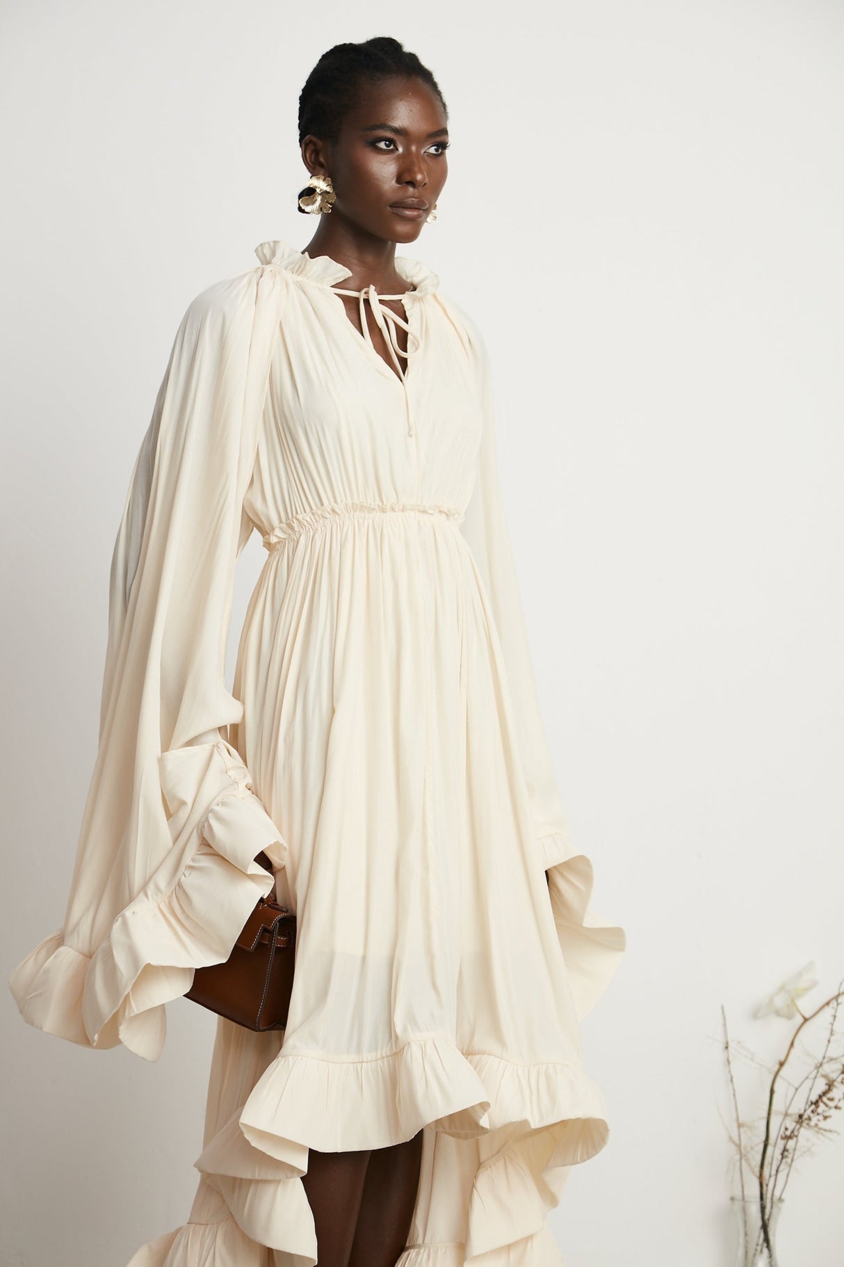 Vivian Midi Dress with V - Neck and Ruffled Detailing