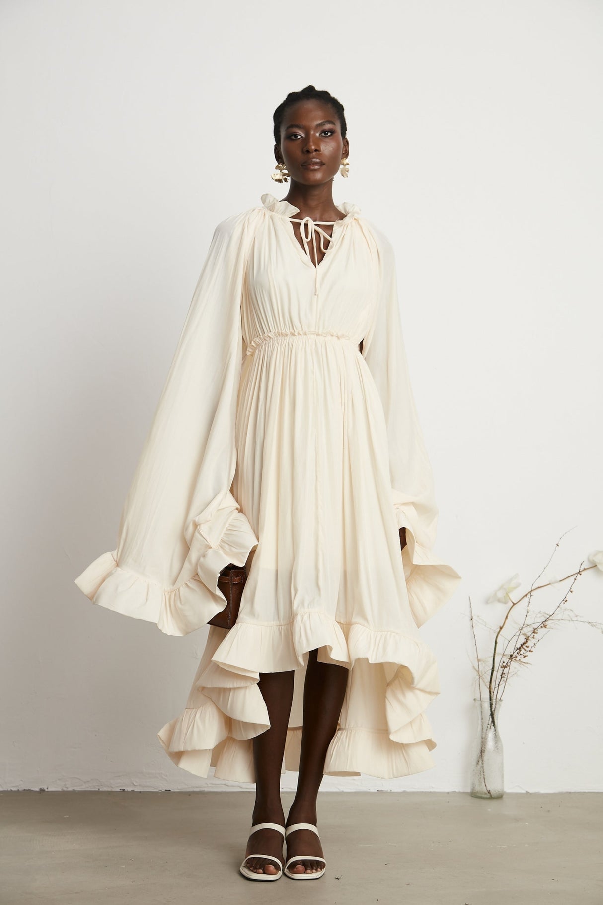 Vivian Midi Dress with V - Neck and Ruffled Detailing