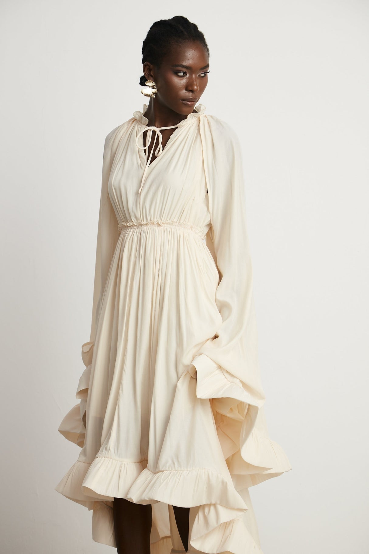 Vivian Midi Dress with V - Neck and Ruffled Detailing