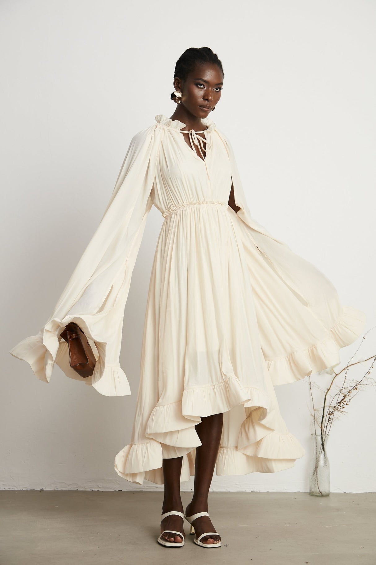 Vivian Midi Dress with V - Neck and Ruffled Detailing