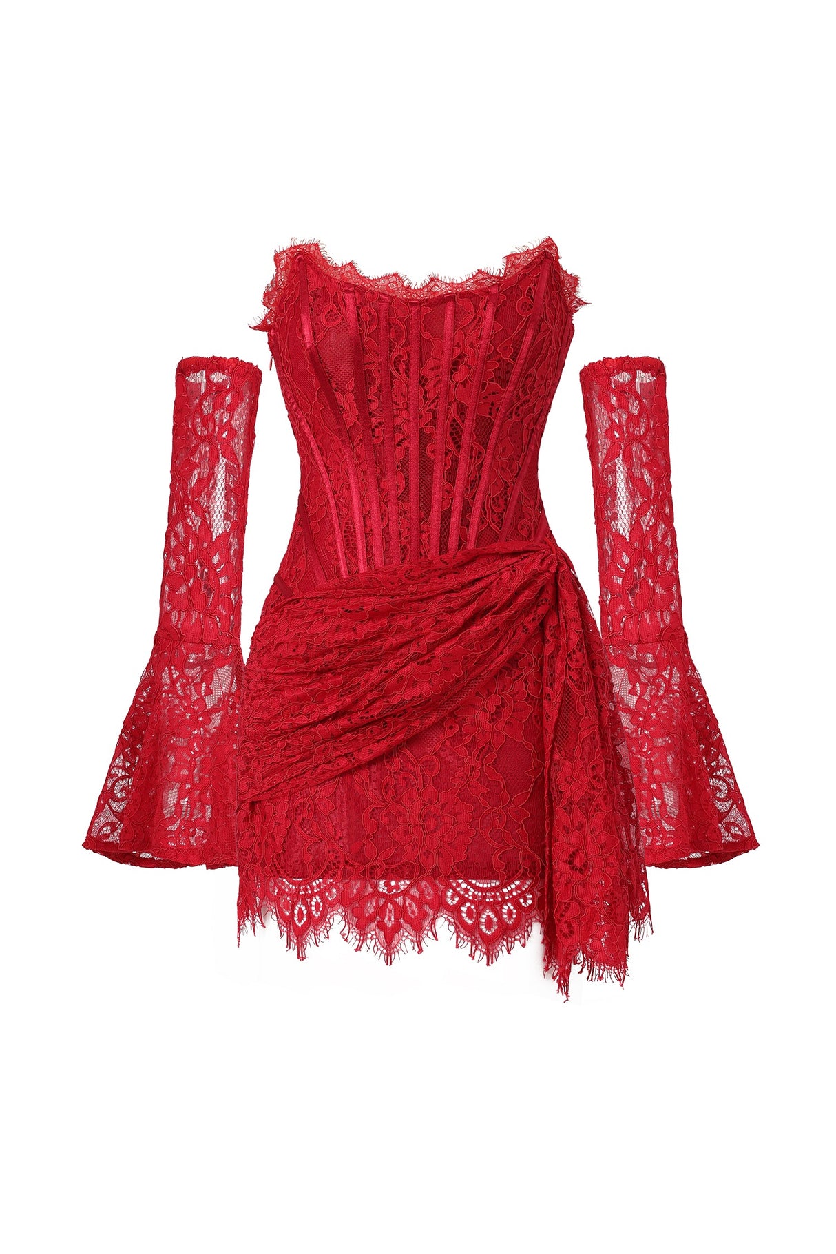Vivian Red Lace Corset Dress Mini Length Off-Shoulder Sleeves