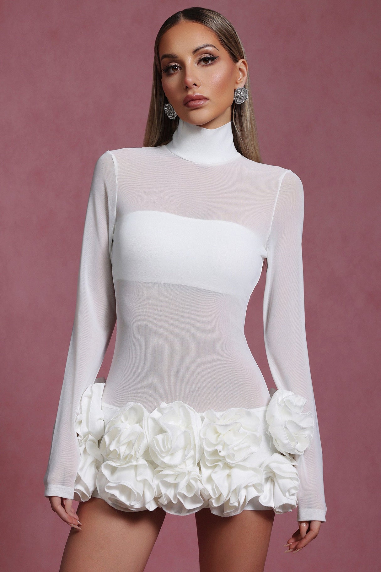 White Halasa Long Sleeve Flowers Mini Dress with Ruffled Floral Detailing
