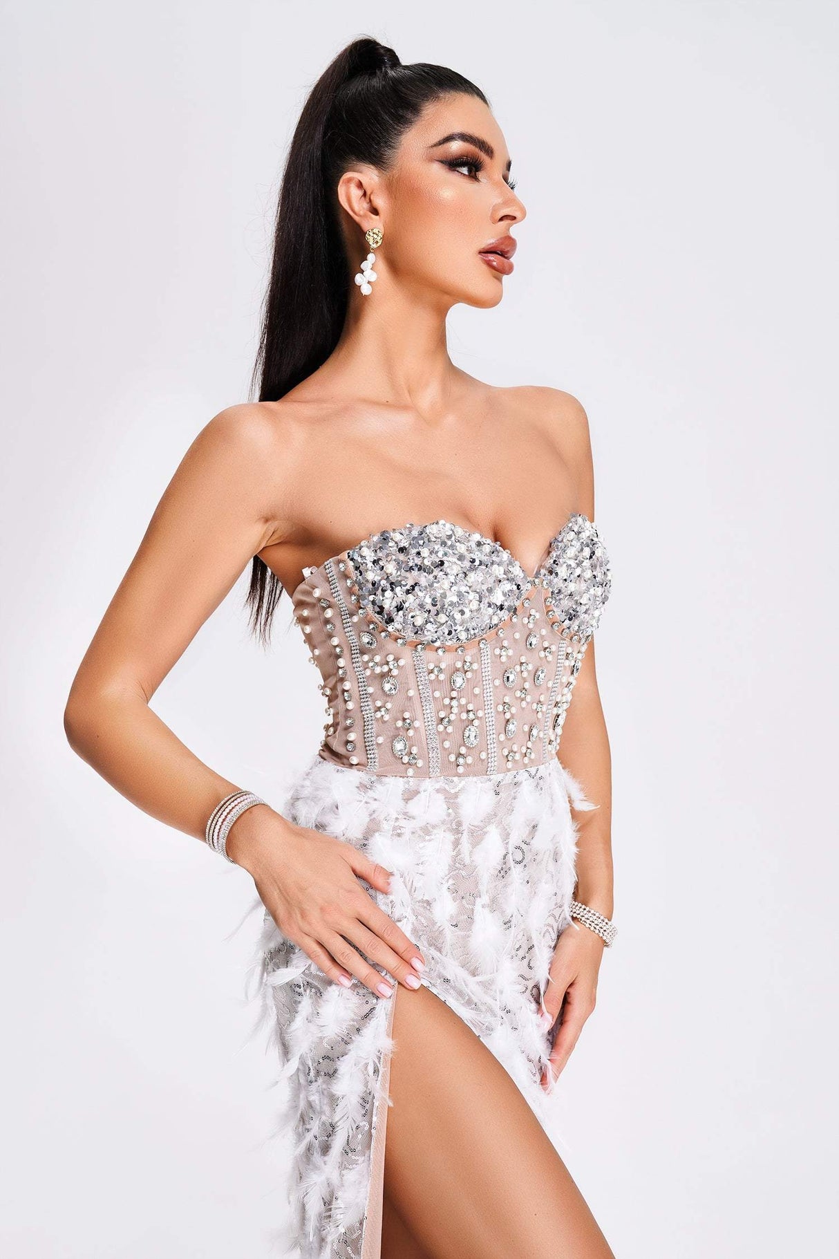 White Mylie Strapless Diamonate Feather Midi Dress