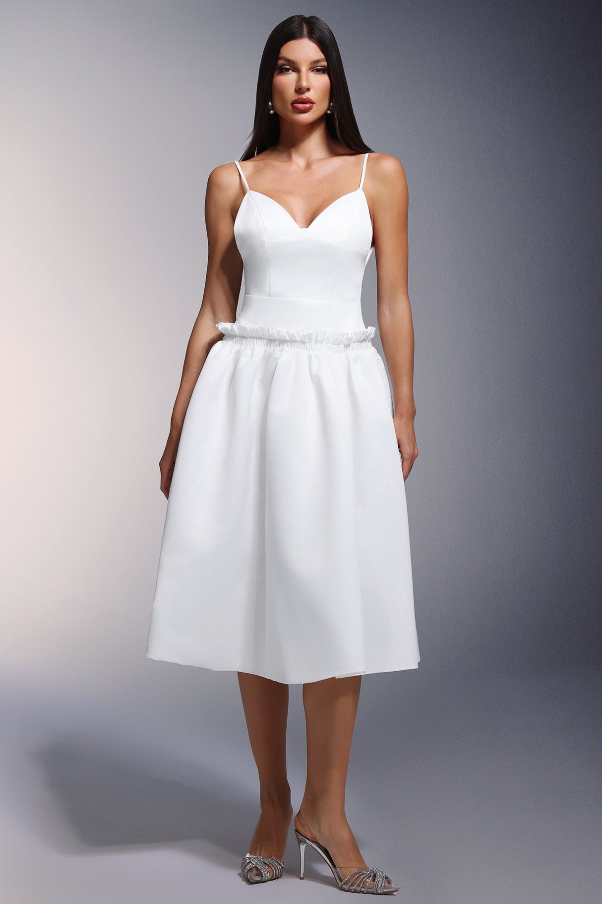 White Tutti Deep-V Fold Falbala Midi Dress