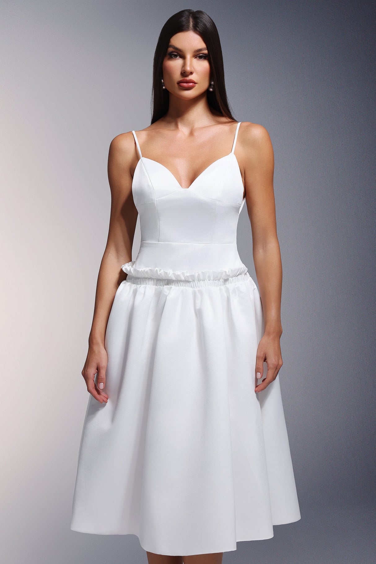 White Tutti Deep-V Fold Falbala Midi Dress
