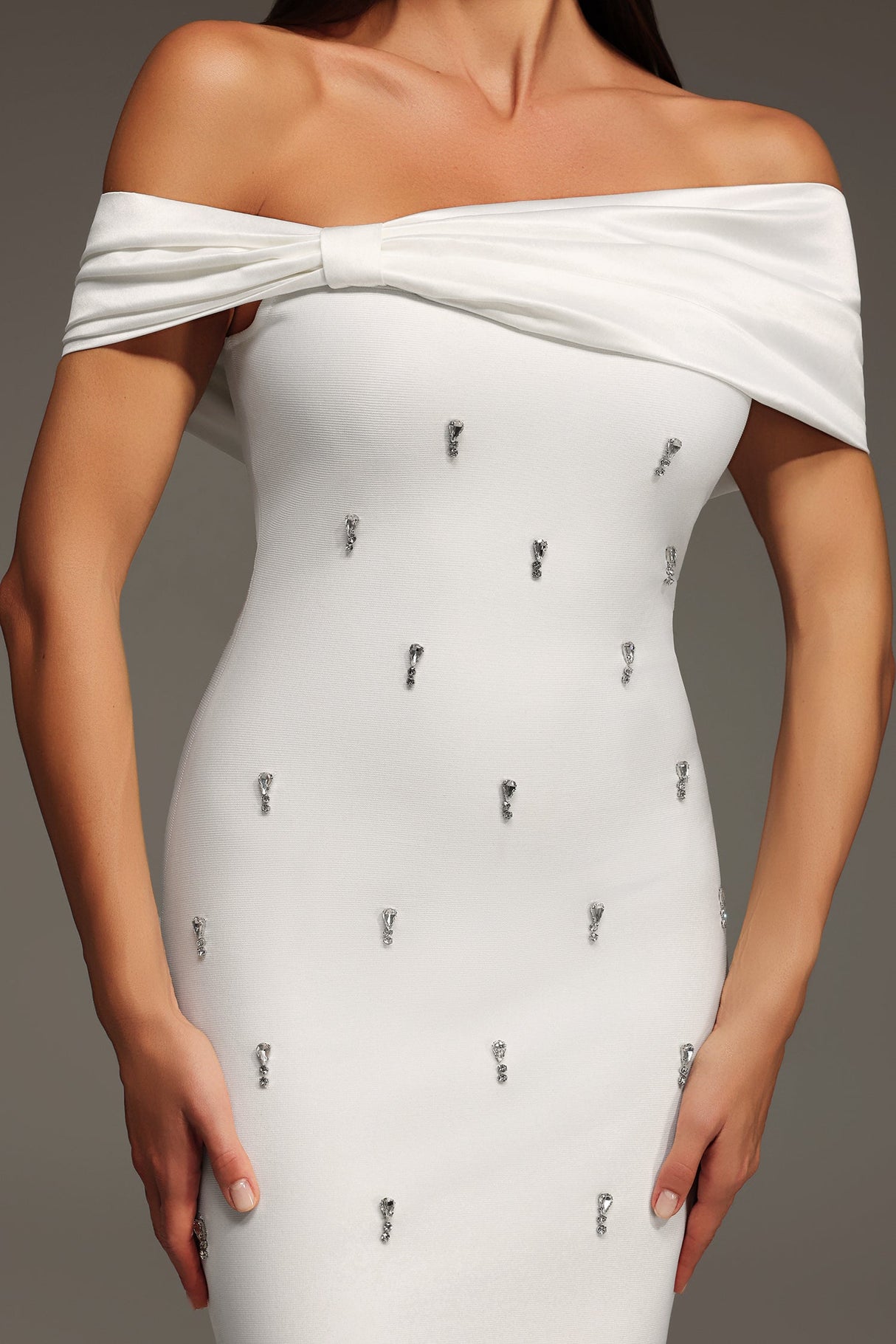 White Verney Off The Shoulder Bow Diamond Bandage Mini Dress