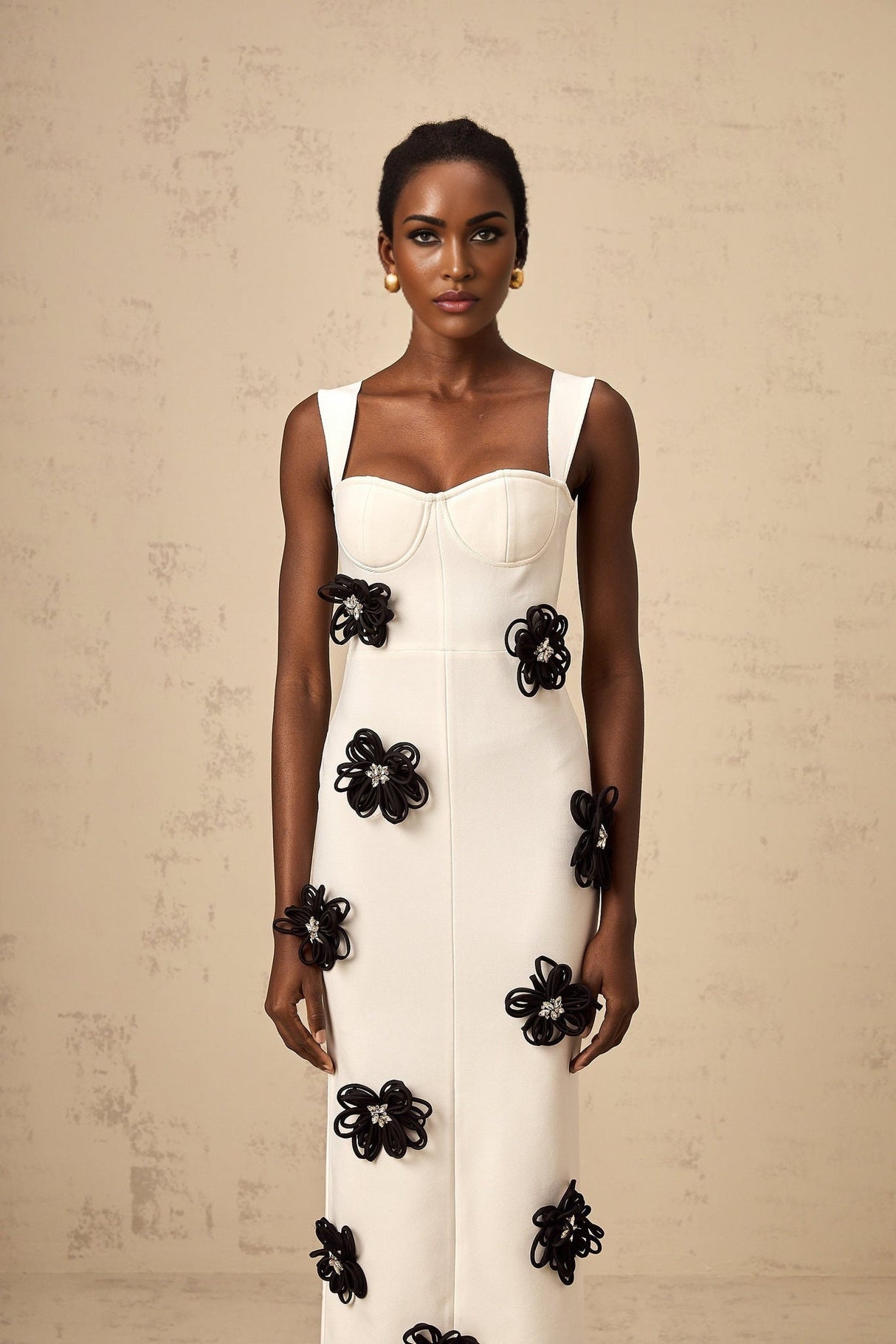 Willa Floral Maxi Dress - Classic White with Black Detailing - Sweetheart Neckline