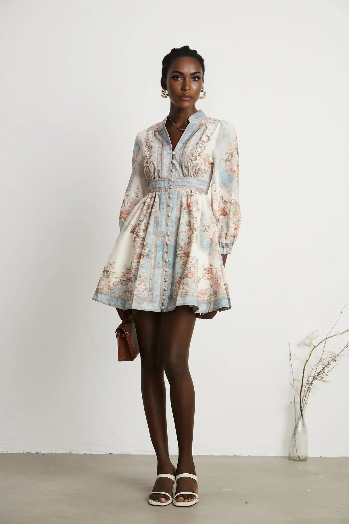 Willa Mini Dress Romantic Blue Floral V - Neck Mini - Length Button - Front